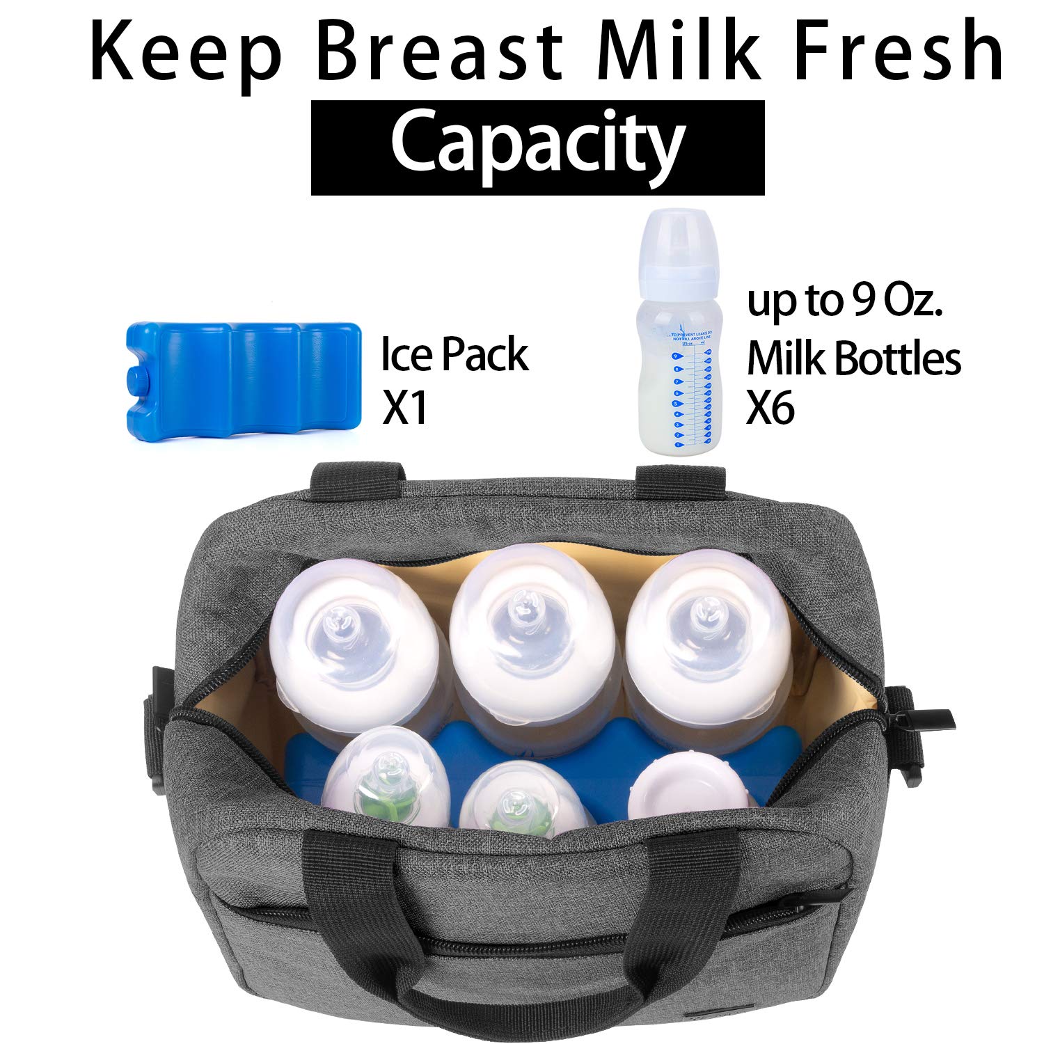 Teamoy Breastmilk Cooler Bag with Ice Pack, Travel Baby Bottle Carrier Tote Bag Fits Up to 6 Large 9 Ounce Bottles, Gray