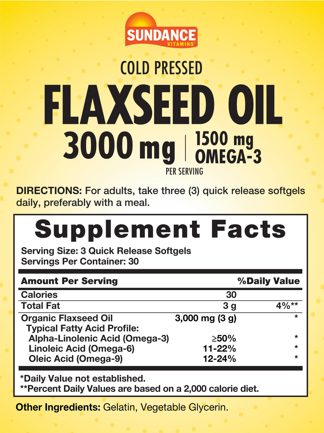 Sundance Flaxseed Oil 3000mg | 90 Softgels | with 1500mg Omega-3 | Cold Pressed | Non-GMO and Gluten Free Supplement