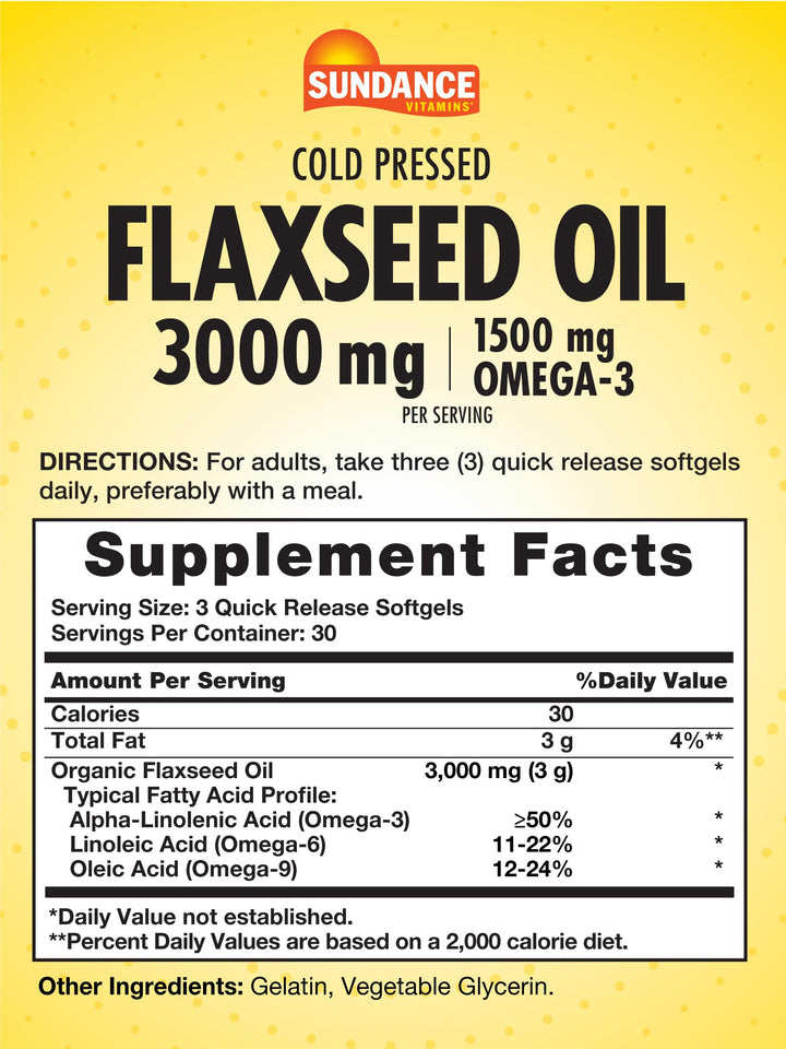 Sundance Flaxseed Oil 3000mg | 90 Softgels | with 1500mg Omega-3 | Cold Pressed | Non-GMO and Gluten Free Supplement