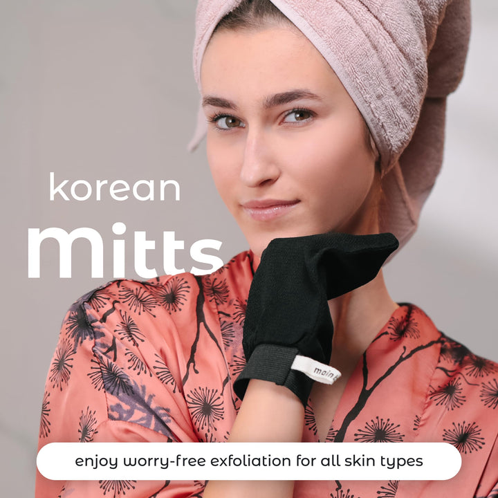 MainBasics Korean Exfoliating Mitts (2-Pack) – Deep Cleansing Body Scrubbers for Dead Skin Removal, Spray Tan Prep & Keratosis Pilaris Treatment