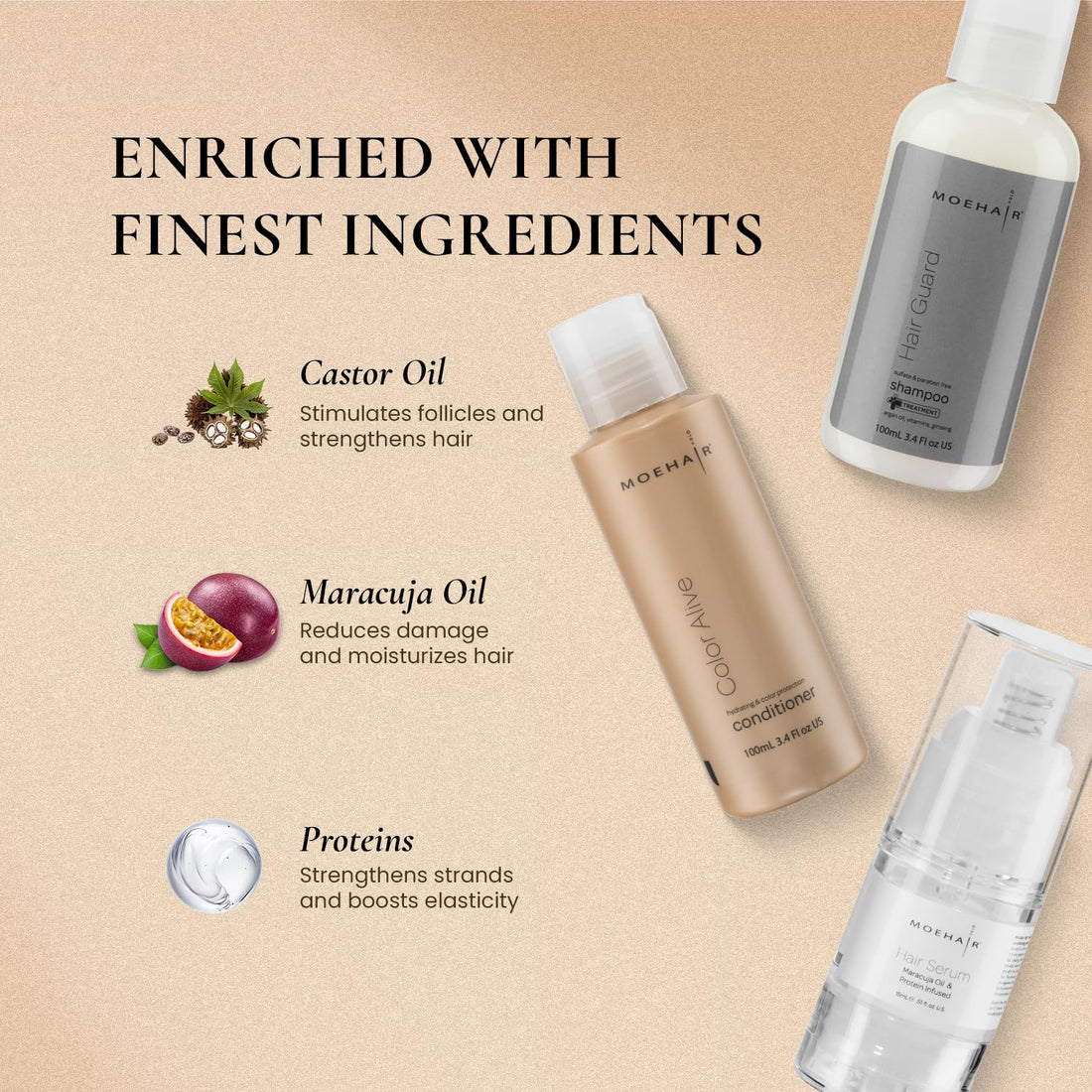 MOEHAIR Travel Size Trio Pack: Shampoo, Conditioner and Serum Color Care Set for Treated Hair - Pack of 3