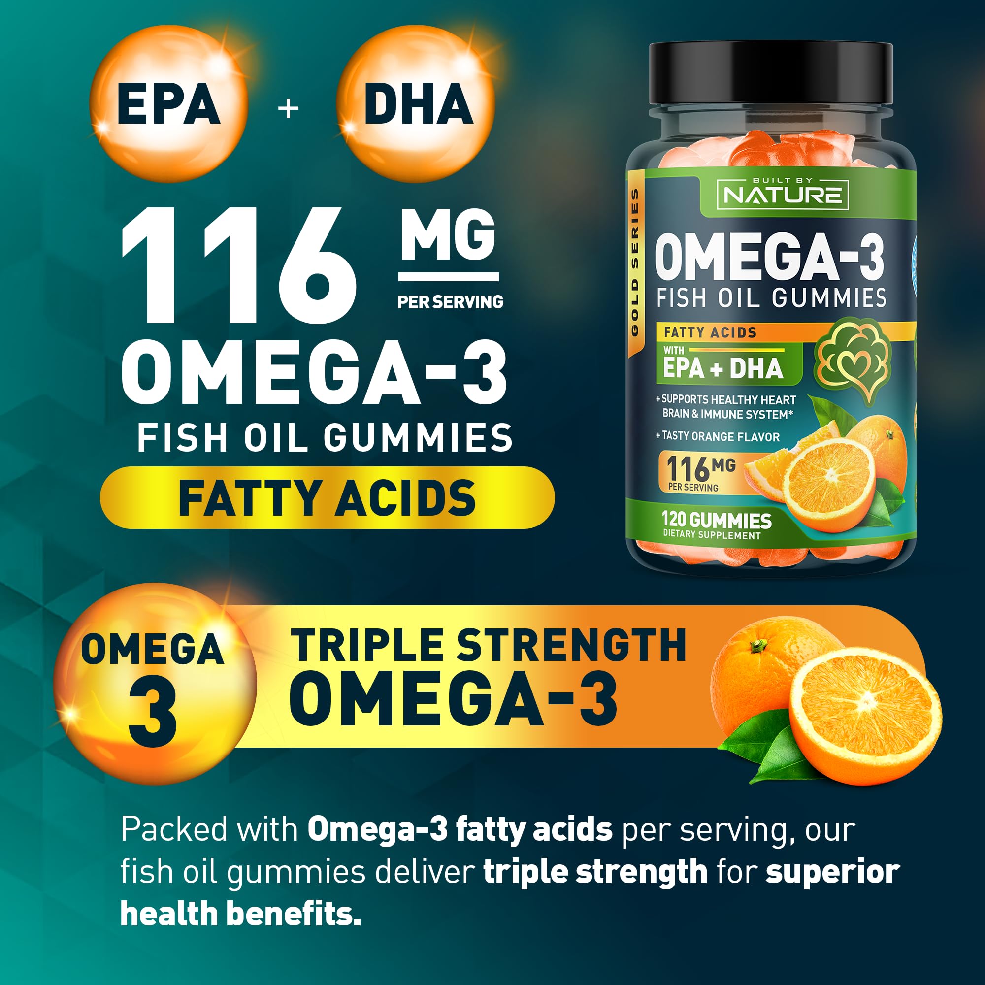 Omega 3 Fish Oil Gummies with EPA & DHA from Wild Fish - Triple Strength Omega 3 Fish Oil Gummy, Supports Healthy Heart, Brain & Immune System, Burpless & Natural - 120 Gummies, 60 Day Supply