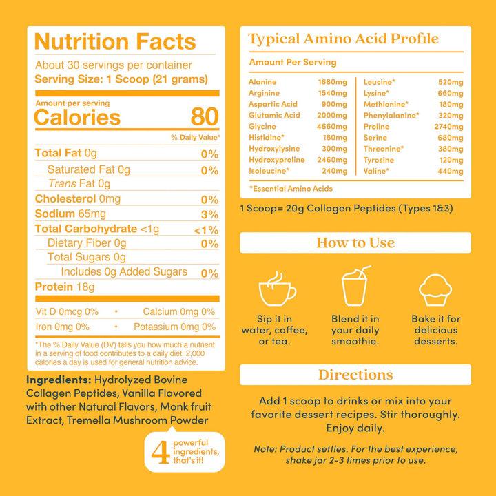 Further Food Vanilla Collagen Peptides Powder, Grass-Fed Pasture-Raised Hydrolyzed Type 1 & 3 Protein, Gut Health + Joint, Hair, Skin, Nails, Paleo Keto Sugar-Free 22.22 oz