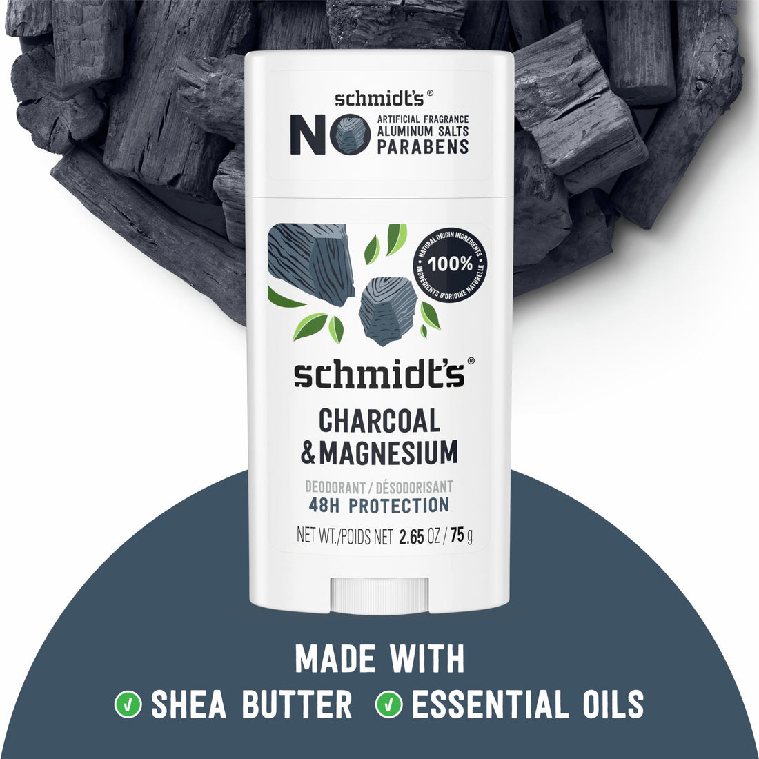 Schmidt's Aluminum-Free Vegan Deodorant Charcoal & Magnesium with 48 Hour Odor Protection, 2 Count for Women and Men, Natural Ingredients, Cruelty-Free, 2.65 oz, Pack of 2