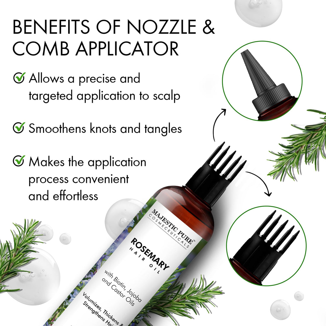 Majestic Pure 100% Pure Rosemary Oil with Biotin for Hair Care, Strengthening, Nourishing, and Volumizing Formula with Jojoba Oil and Castor Oil - Non GMO Verified, 198 ml