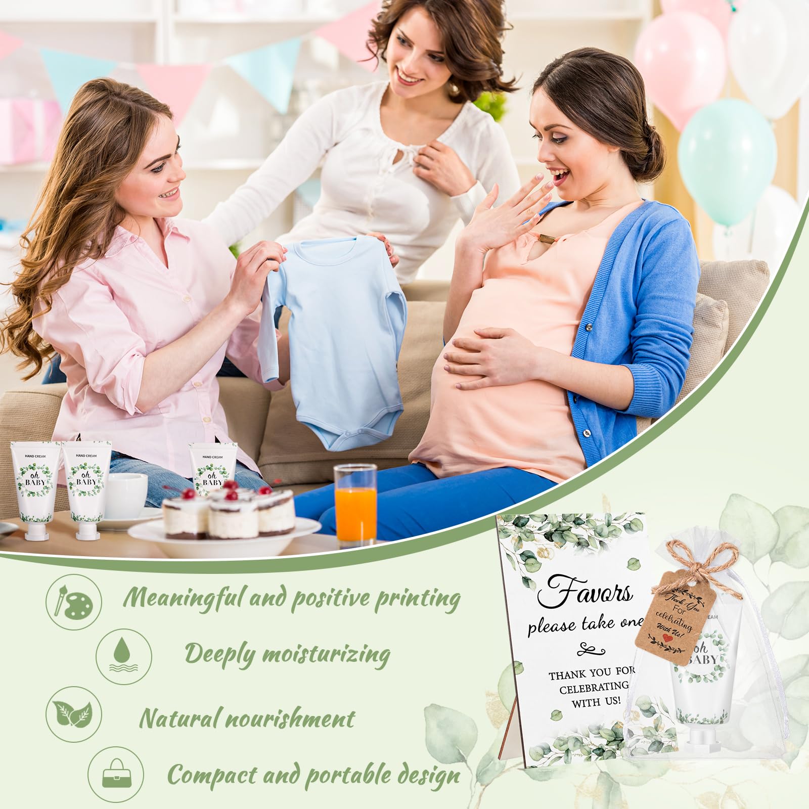 Dansib 48 Sets Baby Shower Hand Lotion Gifts for Guest Party Favors Travel Size Hand Lotion Bulk with Organza Bags Thank You Cards Wooden Sign Baby Shower Games Party Gifts(Green,Eucalyptus)