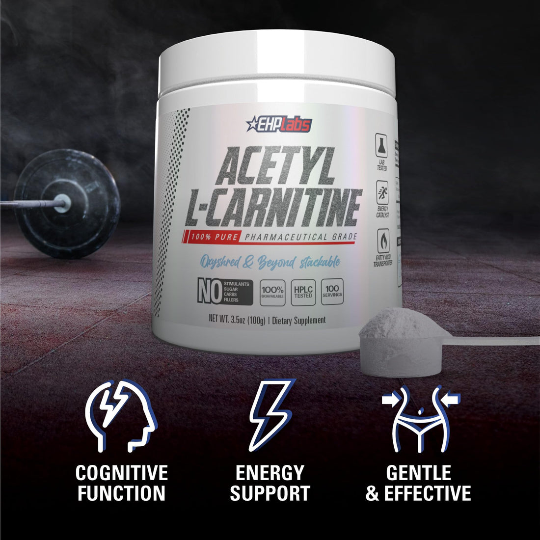 EHP Labs Acetyl L Carnitine Powder - Supports Natural Energy Production, Assists in Healthy Brain Function, Supports Heart Health, Vegan, Gluten Free, Non GMO - 100 Servings