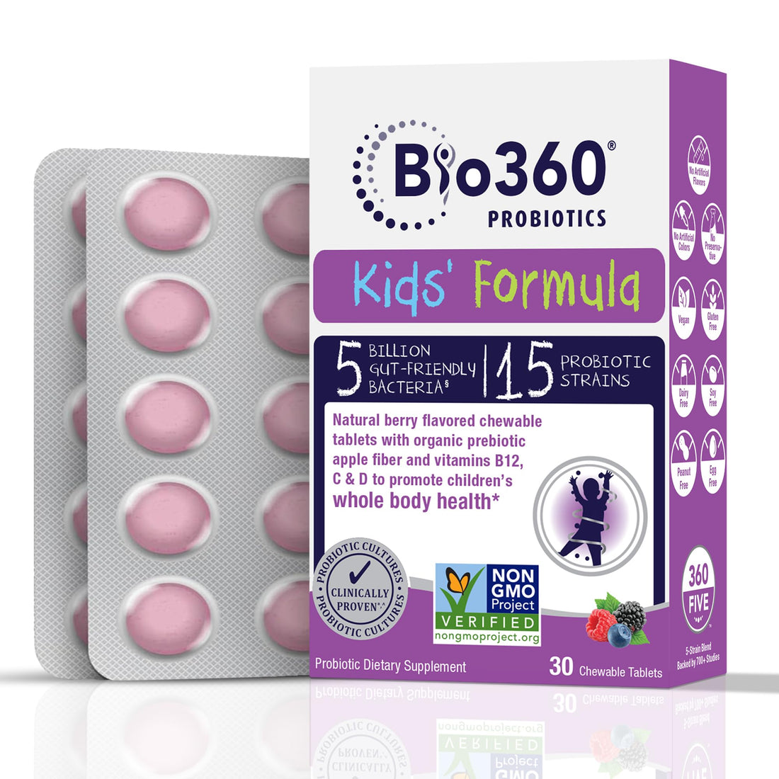 Bio360 Probiotics for Kids - 15 Strains & 5 Billion CFU Supports Brain, Immune & Digestive Health - Kids Probiotic Chewable with Organic Prebiotics for Gut & Constipation, Mixed Berry Flavor, 30 Count