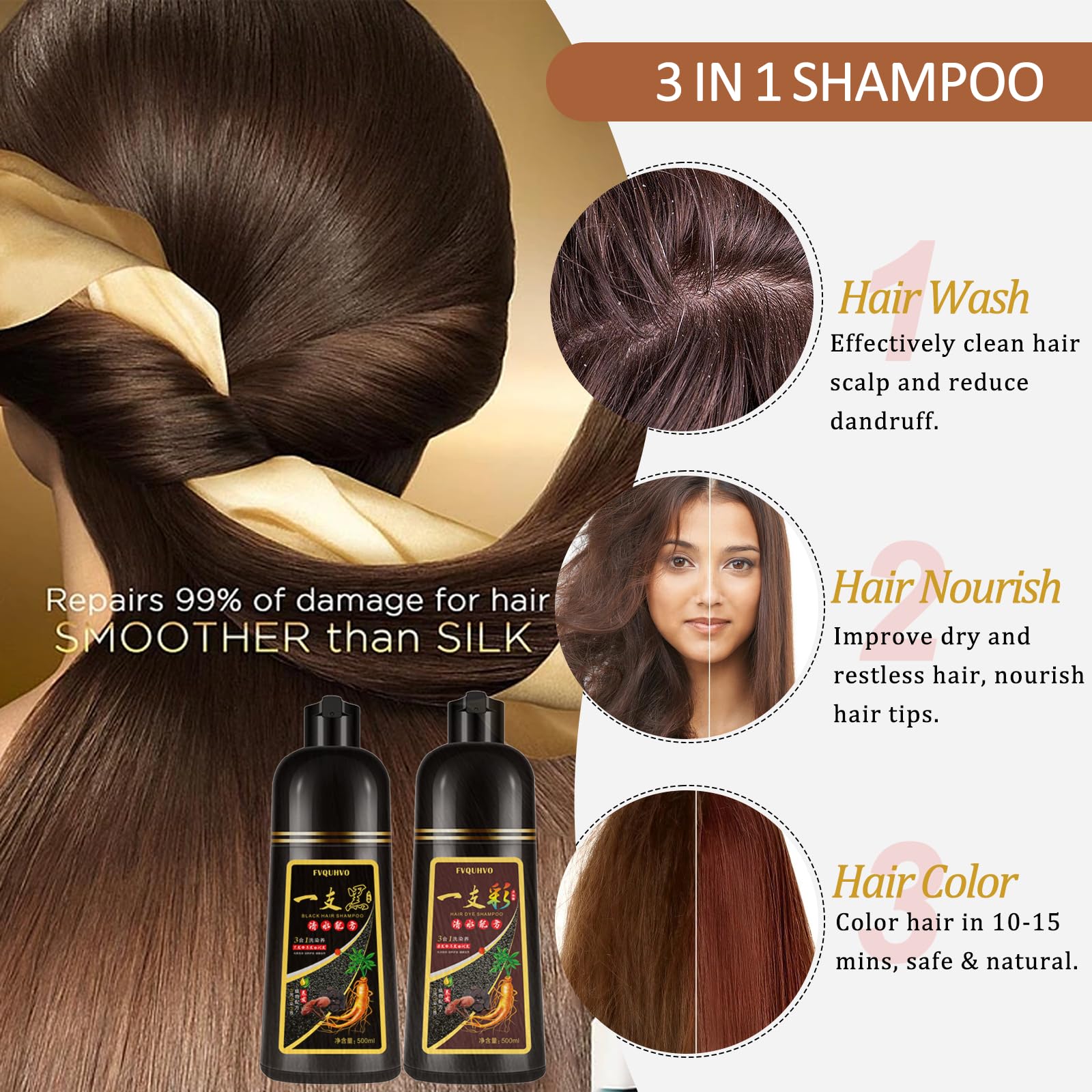 Yocisku Blonde Brown Hair Dye Shampoo 3 in 1, Natural Hair Color Shampoo for 100% Gray Coverage, Brown Hair Colors in 10-15 mins, 16.9 Fl Oz (Blonde brown), Paraben Free, Hypoallergenic