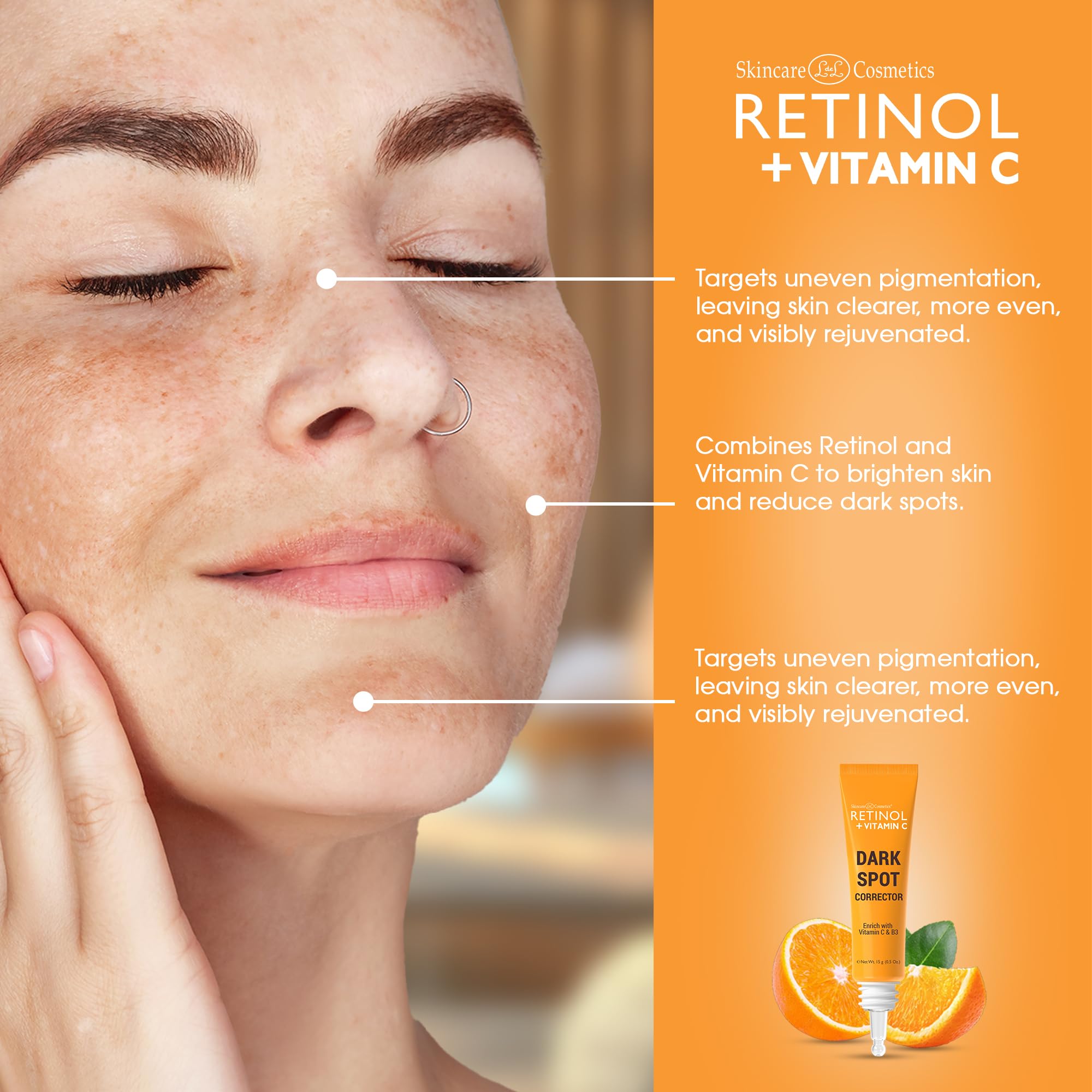 Retinol + Vitamin C Dark Spot Corrector Serum - Spotless Radiance, Evens Skin Tone, Targets Sun Damage & Dark Spots, Enhances Luminosity with Vitamin B3 Niacinamide & Retinol - 0.5 Oz