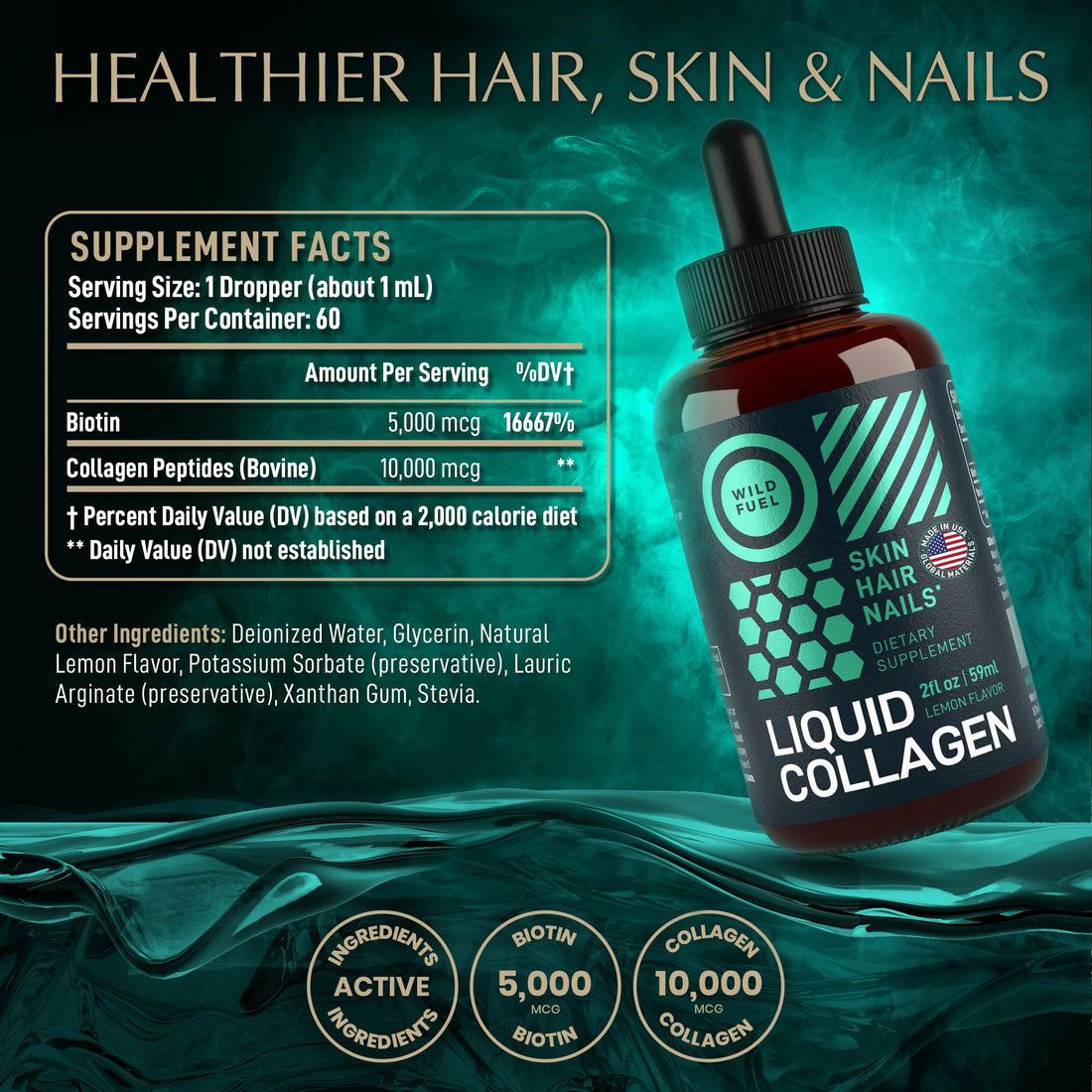 WILD FUEL Liquid Collagen Peptides with Biotin Drops - Youthful Skin, Hair Growth, Strong Nails - 10,000mcg Collagen Liquid for Women and Men, 5,000 mcg Biotin - Lemon Flavor - 2x2oz