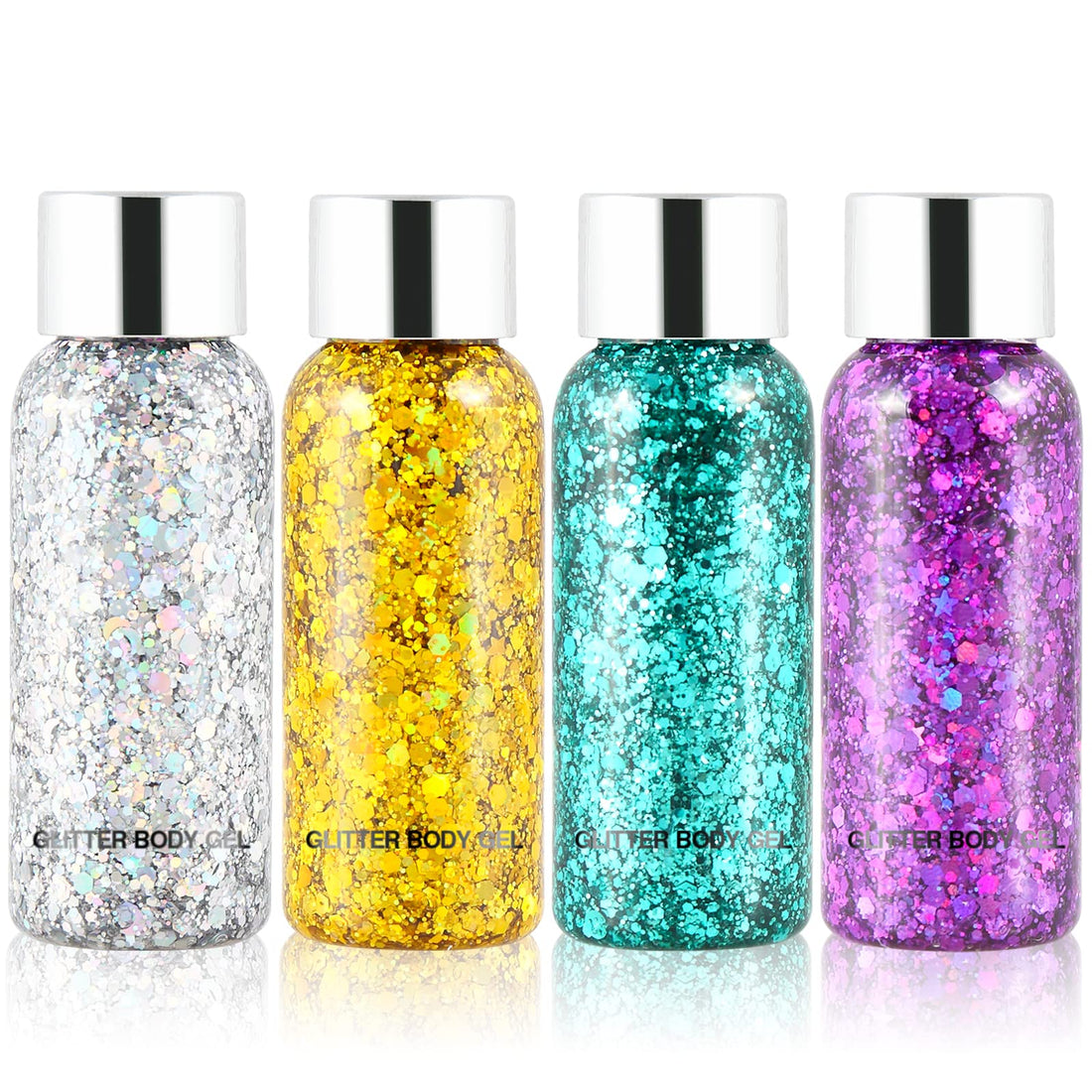 Body Glitter Gel Set 4 Colors Sequins Chunky Glitter Gel Colorful Eyeshadow Glitter Holographic Body Gel for Festival Party Face Makeup Hair Eye Lips Shimmer Gold,Silver,Purple,Green