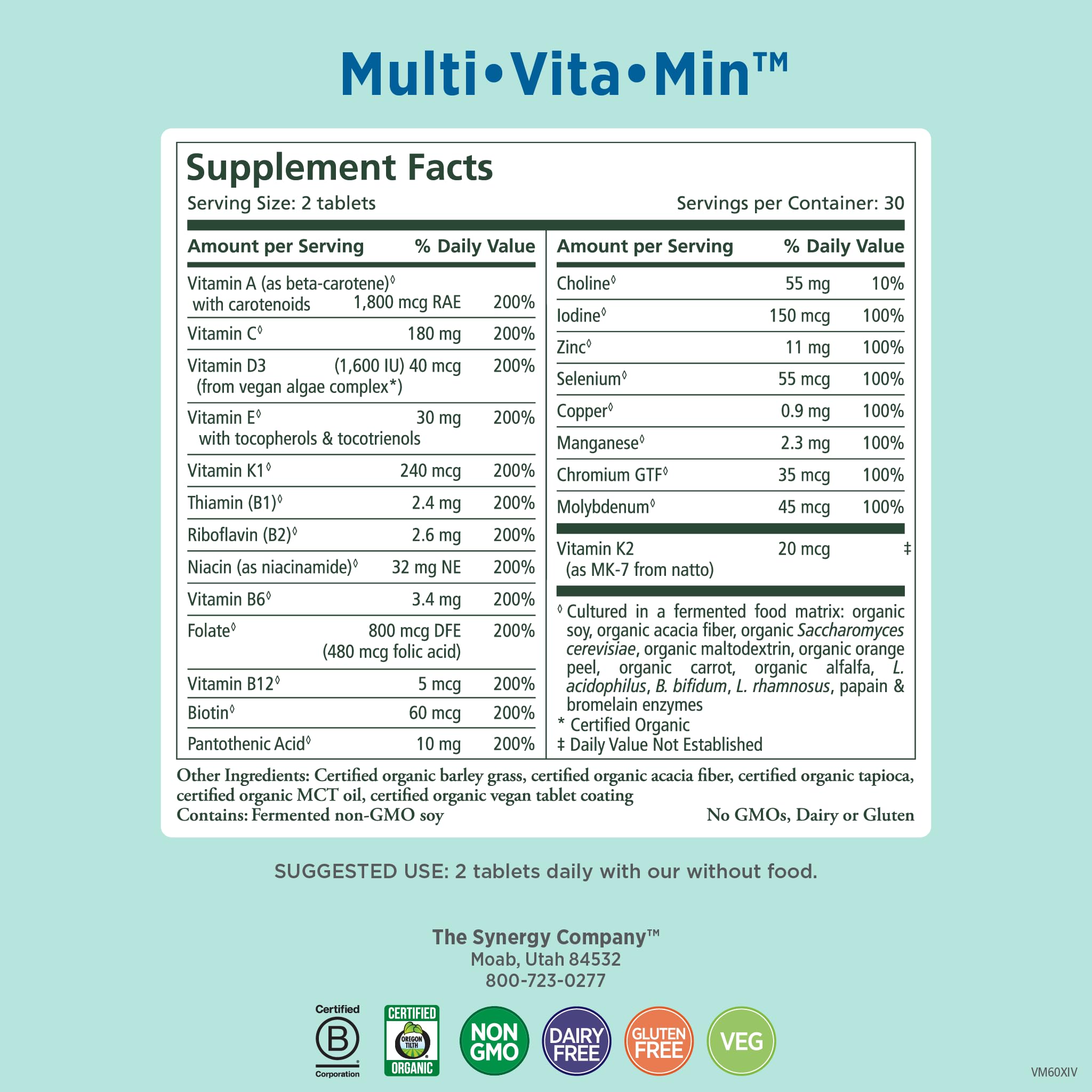 PURE SYNERGY Multi·Vita·Min | Vegan Multivitamin Made with Organic Whole Foods | Twice Daily Supplement for Men and Women | Core Nutrients for Energy, Mood, Immune, and Bone Health (60 Tablets)
