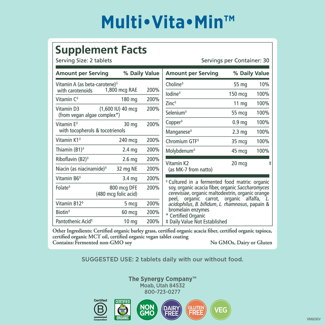 PURE SYNERGY Multi·Vita·Min | Vegan Multivitamin Made with Organic Whole Foods | Twice Daily Supplement for Men and Women | Core Nutrients for Energy, Mood, Immune, and Bone Health (60 Tablets)