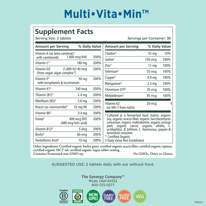 PURE SYNERGY Multi·Vita·Min | Vegan Multivitamin Made with Organic Whole Foods | Twice Daily Supplement for Men and Women | Core Nutrients for Energy, Mood, Immune, and Bone Health (60 Tablets)