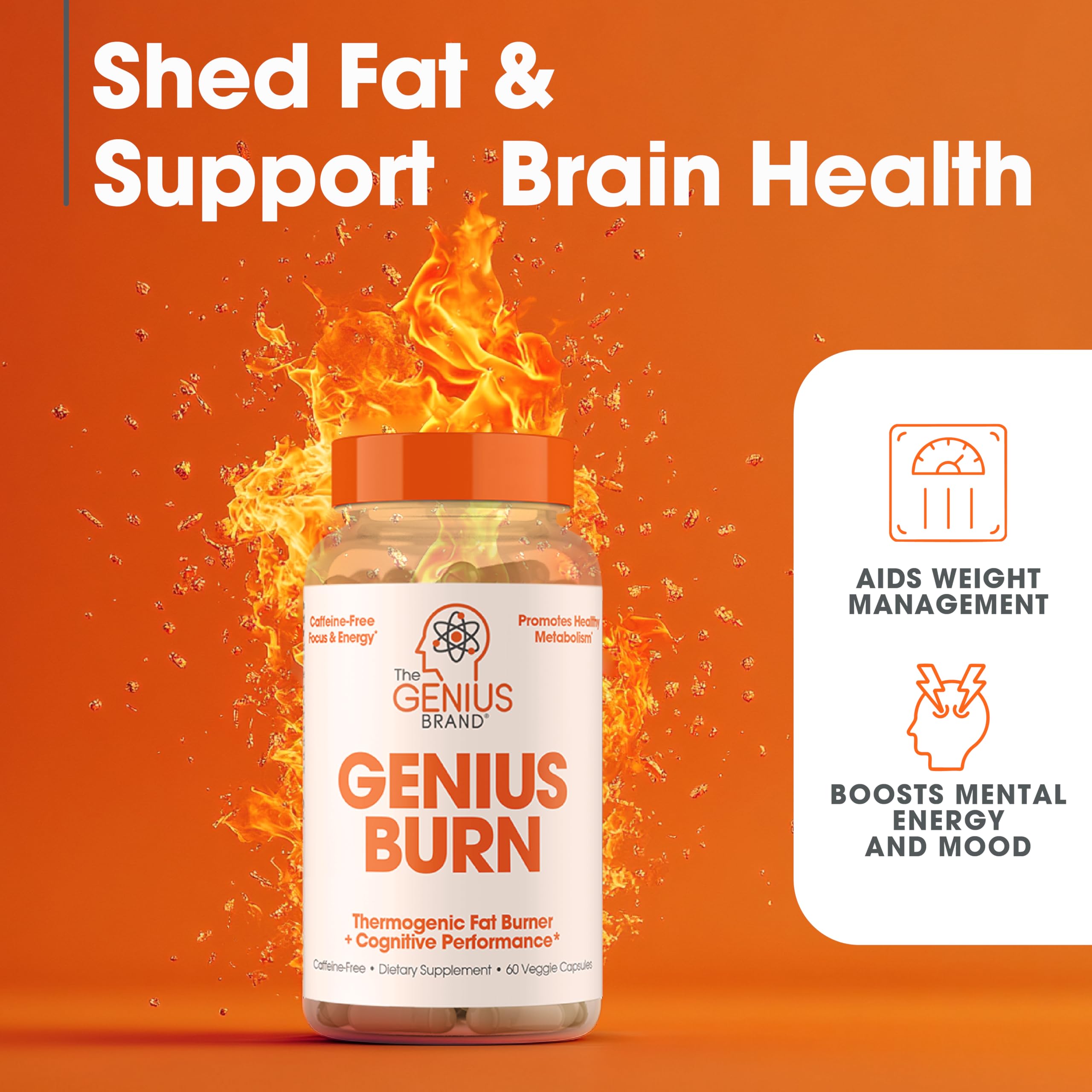 Genius Thermogenic Fat Burner, 60 Diet Veggie Pills - Weight Loss & Metabolism Supplement, Appetite Suppressant & Energy Booster - Caffeine-Free Nootropic Focus & Brain Boost - Ashwagandha & TeaCrine