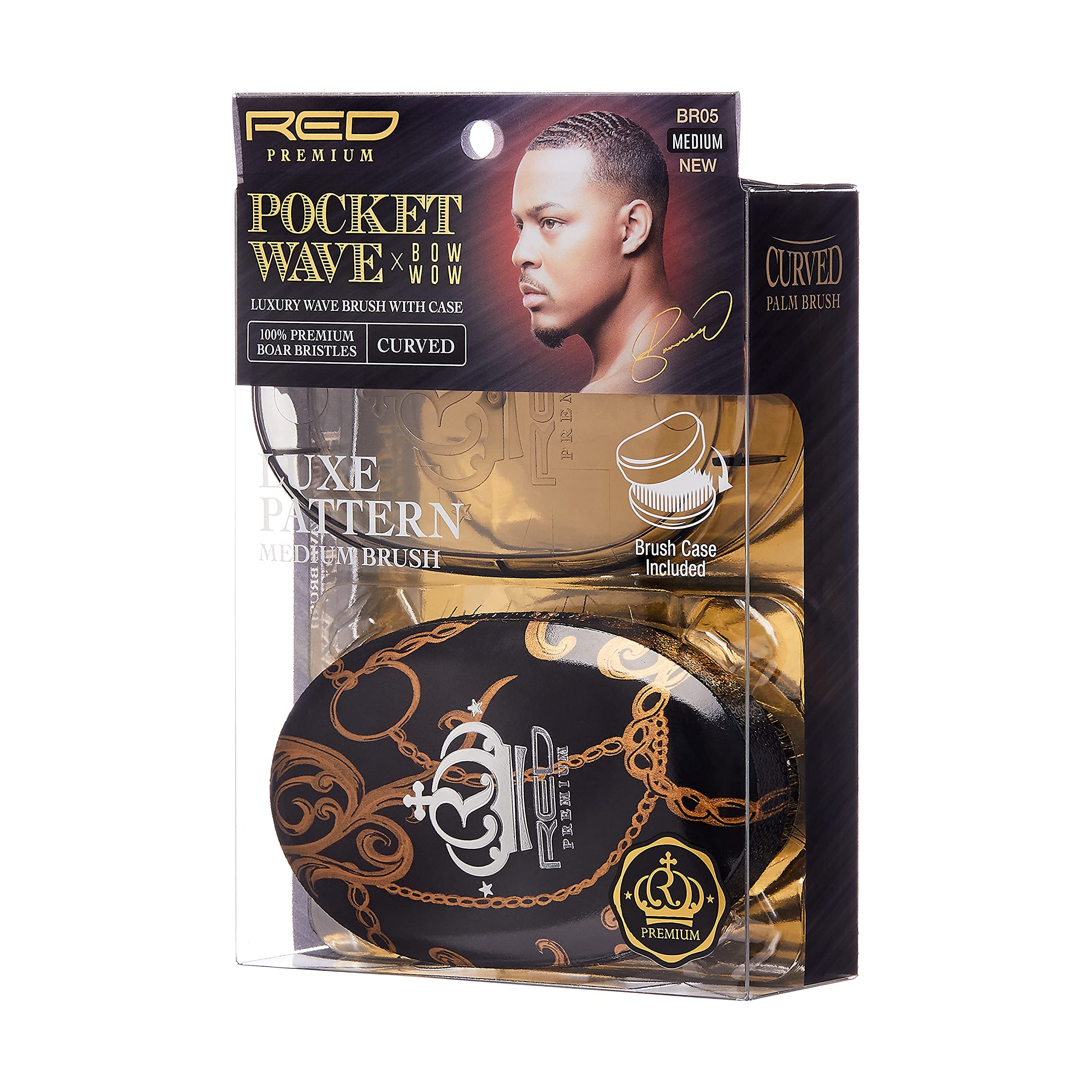 Red by Kiss Premium Pocket Wave X Bow Wow Curved Palm Boar Brush with Case (Medium Bristles)