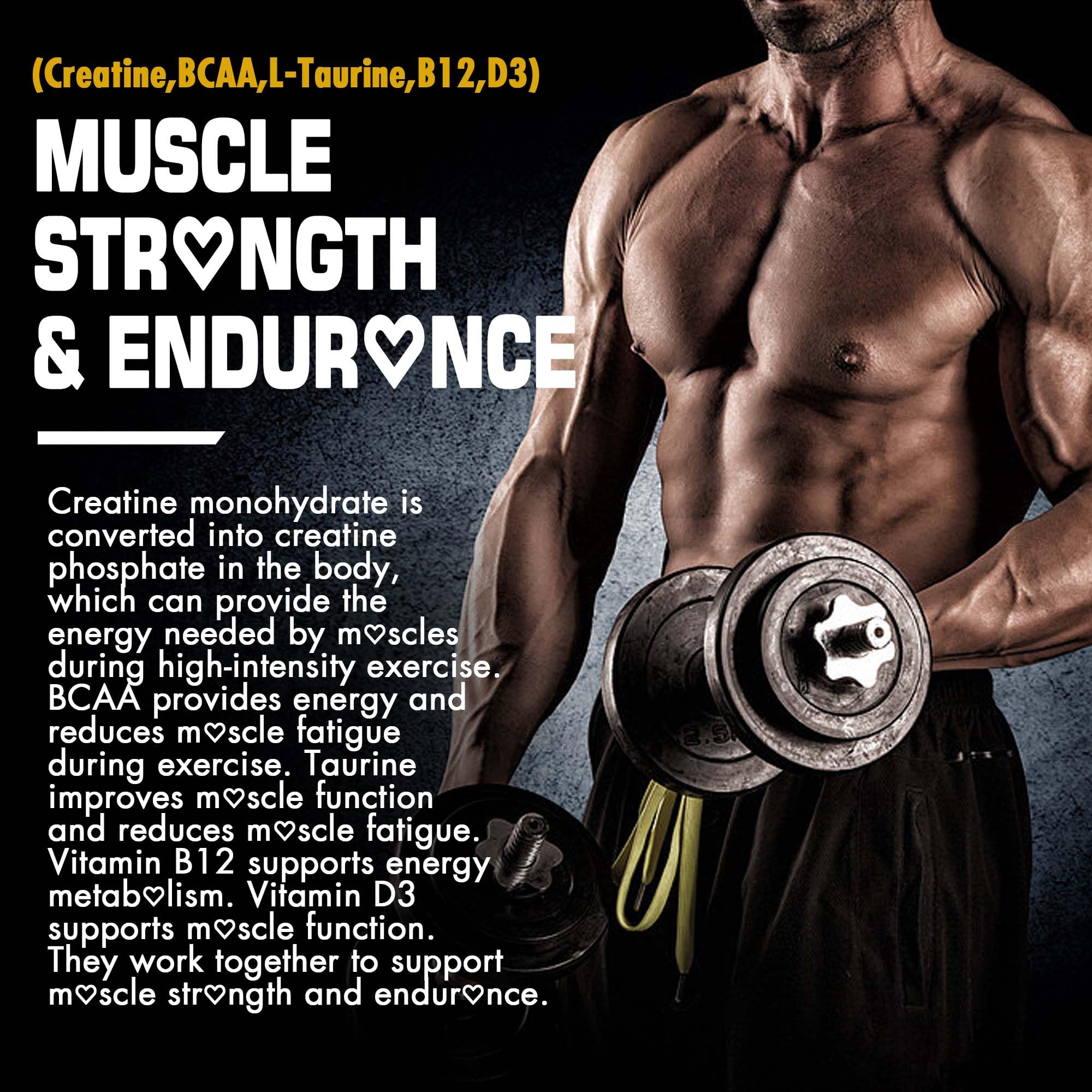 Creatine Monohydrate Gummies for Men & Women - with BCAA, Collagen Peptides, L-Taurine, Vitamin B12, D3, Chewables Creatine Monohydrate 5g Per Serving, Natural Lemon Flavor, Sugar Free, 2 Pack