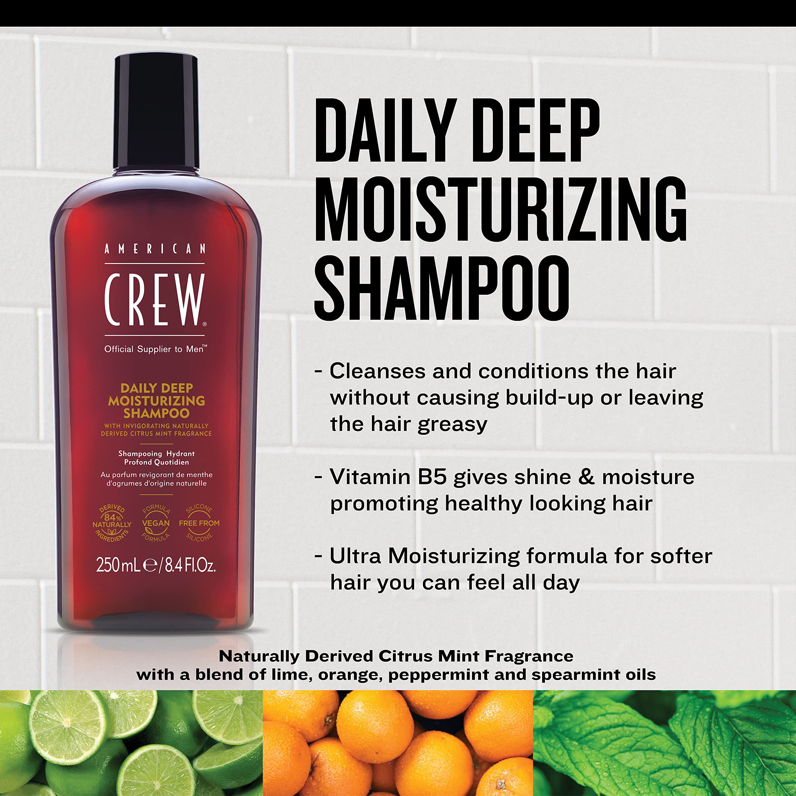 American Crew Shampoo for Men, Daily Deep Moisturizer, Naturally Derived, Vegan Formula, Citrus Mint Fragrance, 33.8 Fl Oz
