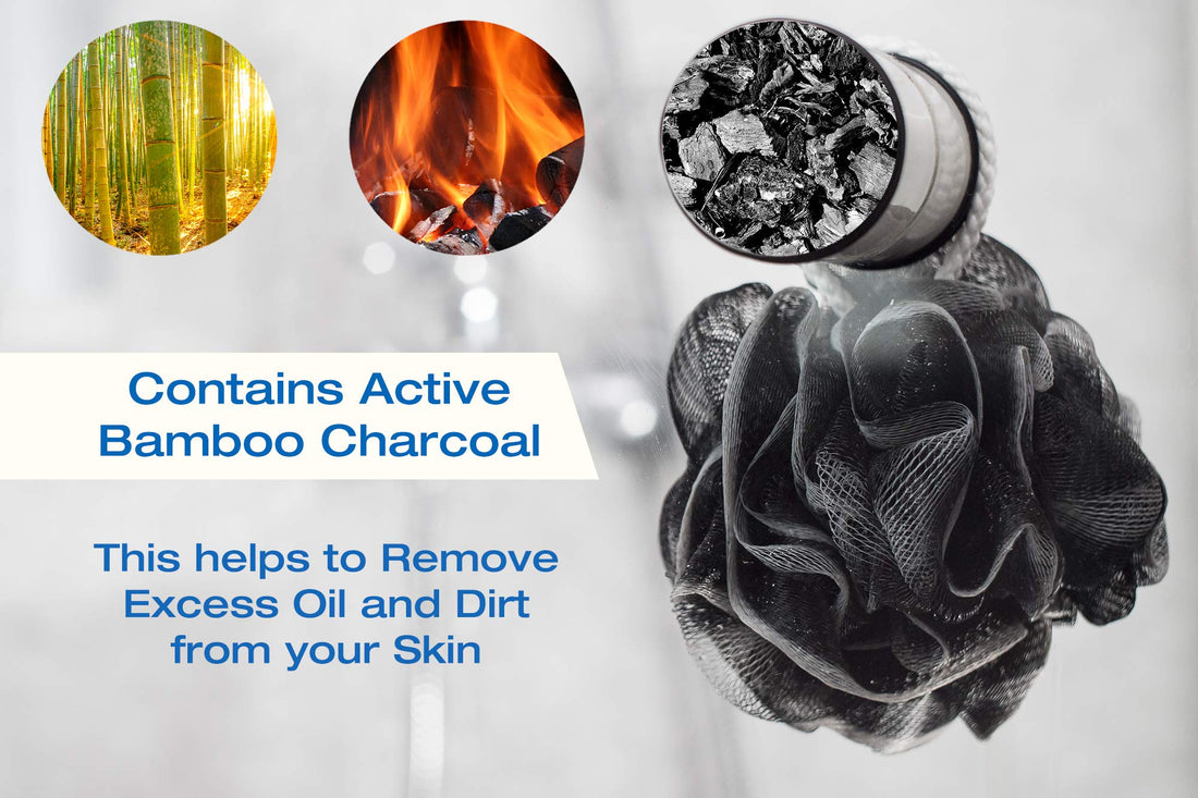 XXL 90g Charcoal Shower Loofah 3 Pack by Tilcare - Perfect Bath Sponge for Exfoliating for Men & Women - Body Scrubber Brush for Cleansing and Smooth Skin - Scrubbies That Remove Excess Oil and Dirt