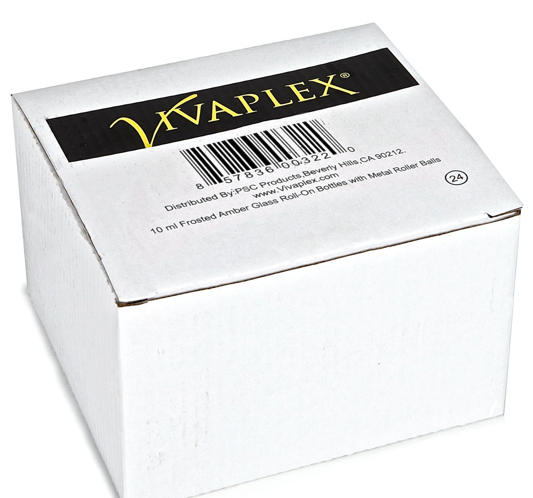 Vivaplex, 24, Frosted Amber, 10 ml Glass Roll-on Bottles with Stainless Steel Roller Balls. 3 - 3 ml Droppers included