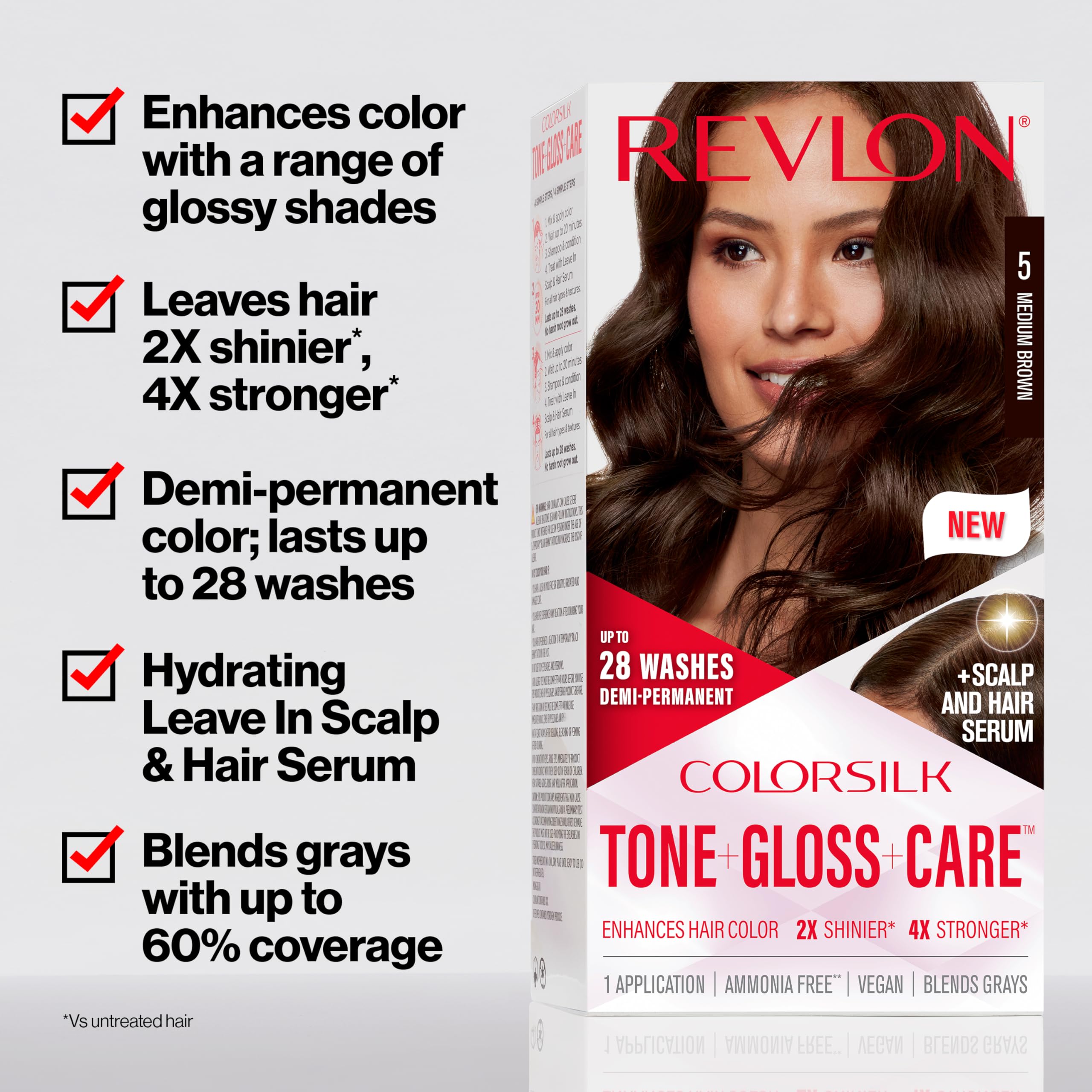 Revlon ColorSilk Tone + Gloss + Care Demi Permanent Hair Color, Dye Kit with Leave-In Scalp and Haircare Serum, 2x Shinier, 4x Stronger, 3 Brown Black, 4.5 fl oz