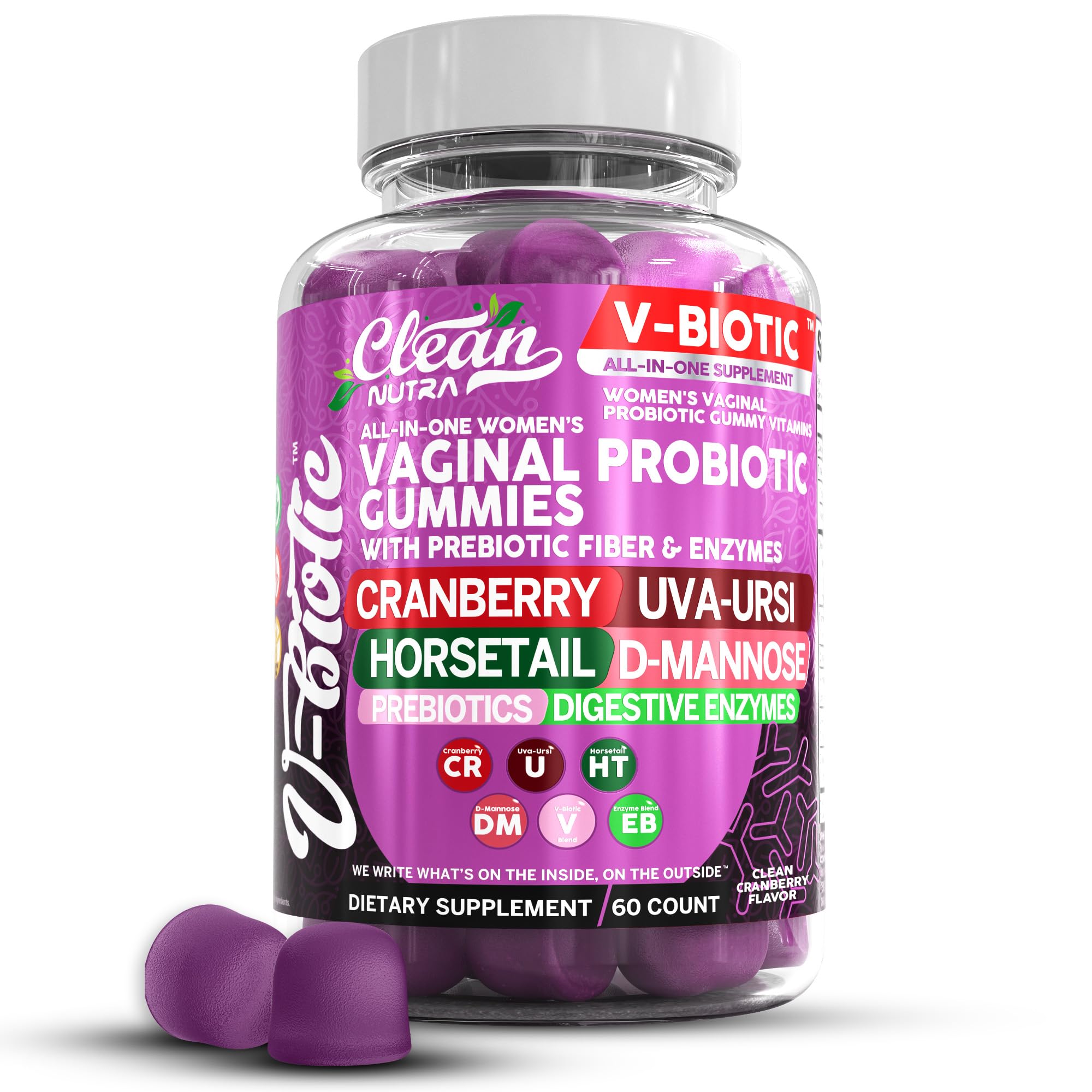 Clean Nutraceuticals Vaginal Probiotics for Women Gummies with Cranberry, Uva Ursi, Horsetail, D-Mannose, Prebiotics & Digestive Enzymes, Vaginal Health Supplement for pH Balance Flora Odor VBiotic