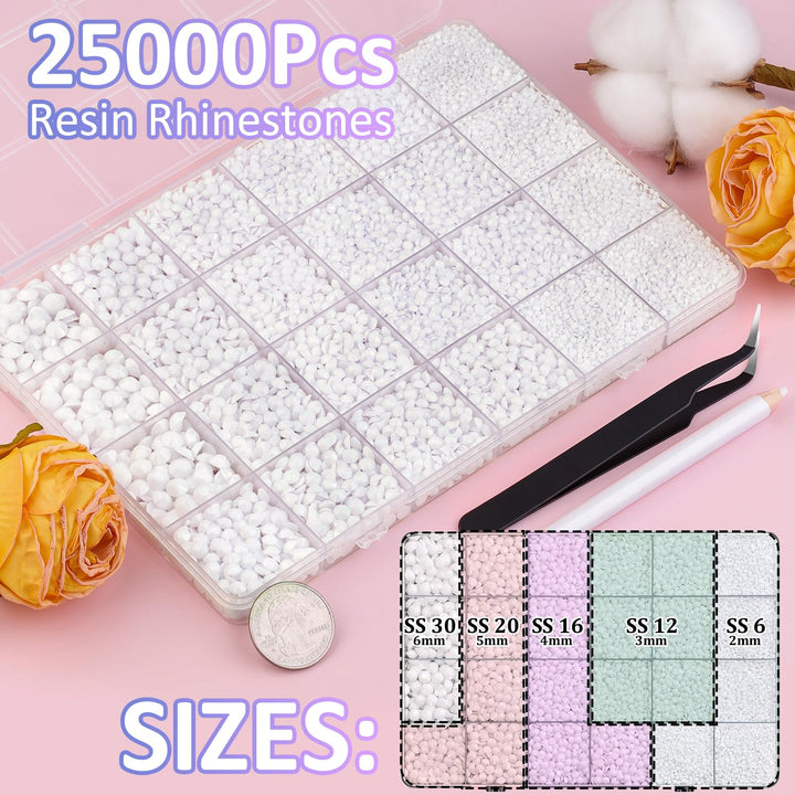 25000Pcs Resin Rhinestones with Tweezers for Crafting, White 2-6mm Mixed Sizes Bedazzling Crystal with 3Pcs 10ml B7000 Jewelry Glue for DIY Crafts Clothing Tumblers Shoes Fabric Nail Art