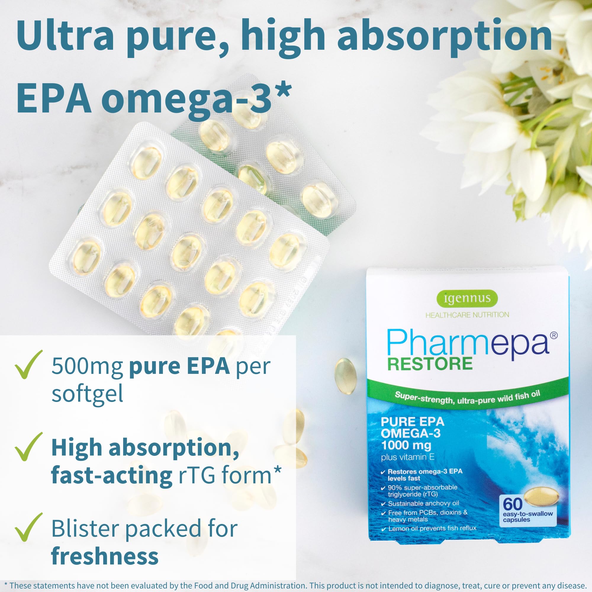 Igennus Pharmepa Restore, 1000mg Pure EPA Fish Oil, High Absorption rTG Omega-3, Triple Strength, Wild & Sustainable, Lemon Flavor, 1-Month Supply, 10-Months Supply, Pack of 10