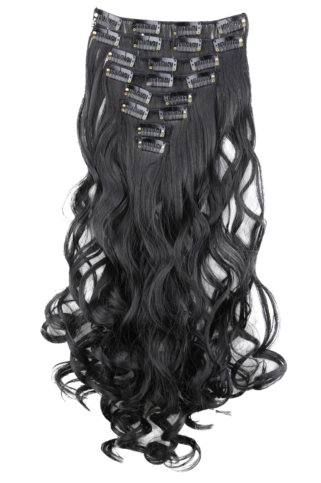 PRETTYSHOP XXL Set 8 pcs 24 Clip In Hair Extensions Full Head Hairpiece Wavy Curled Or Straight Heat-Resisting Div. Colors (jet black curled #1 CES1-1)