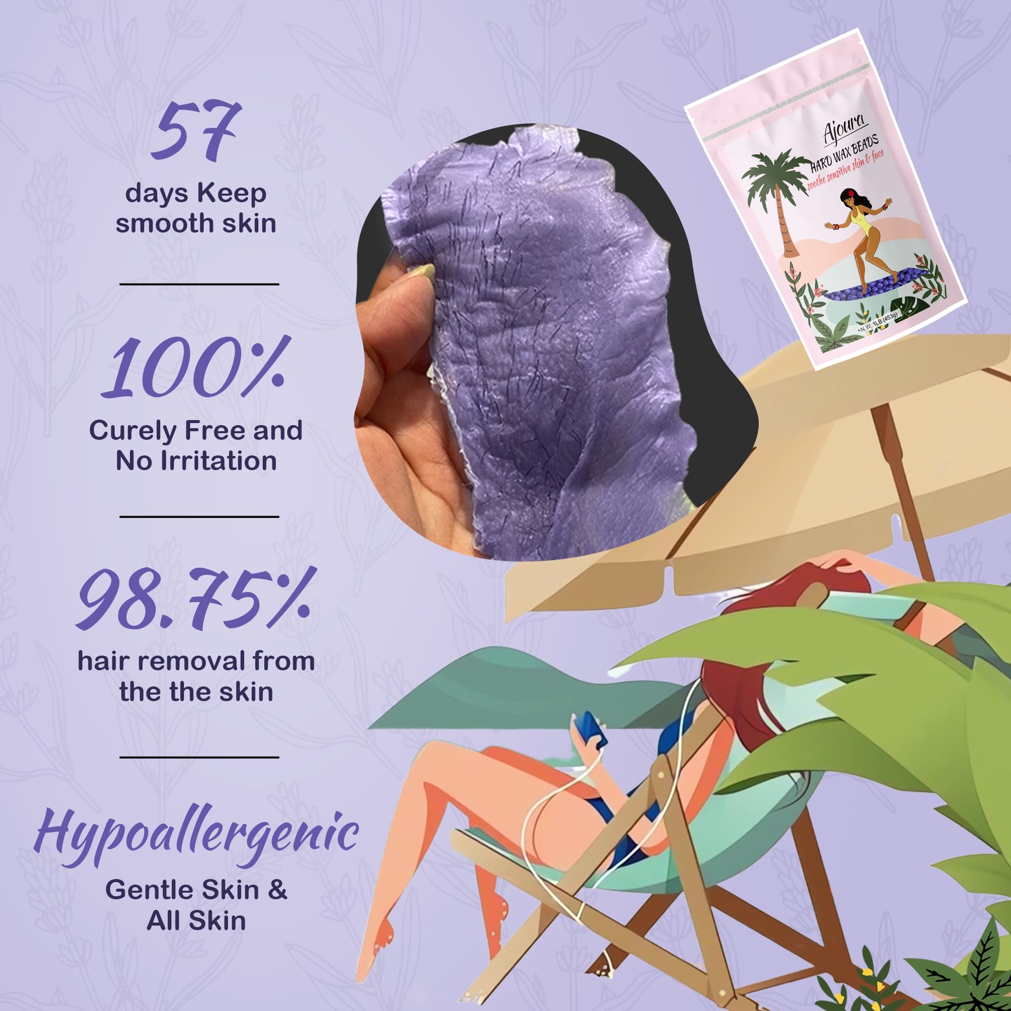 Ajoura 1lb Hard Lavender Wax Beads for Full Body Hair Removal - Brazilian, Bikini, Face, Eyebrows, Underarms, Arms, Chest, Back, Legs (Refill for Wax Warmer Kit, Purple)