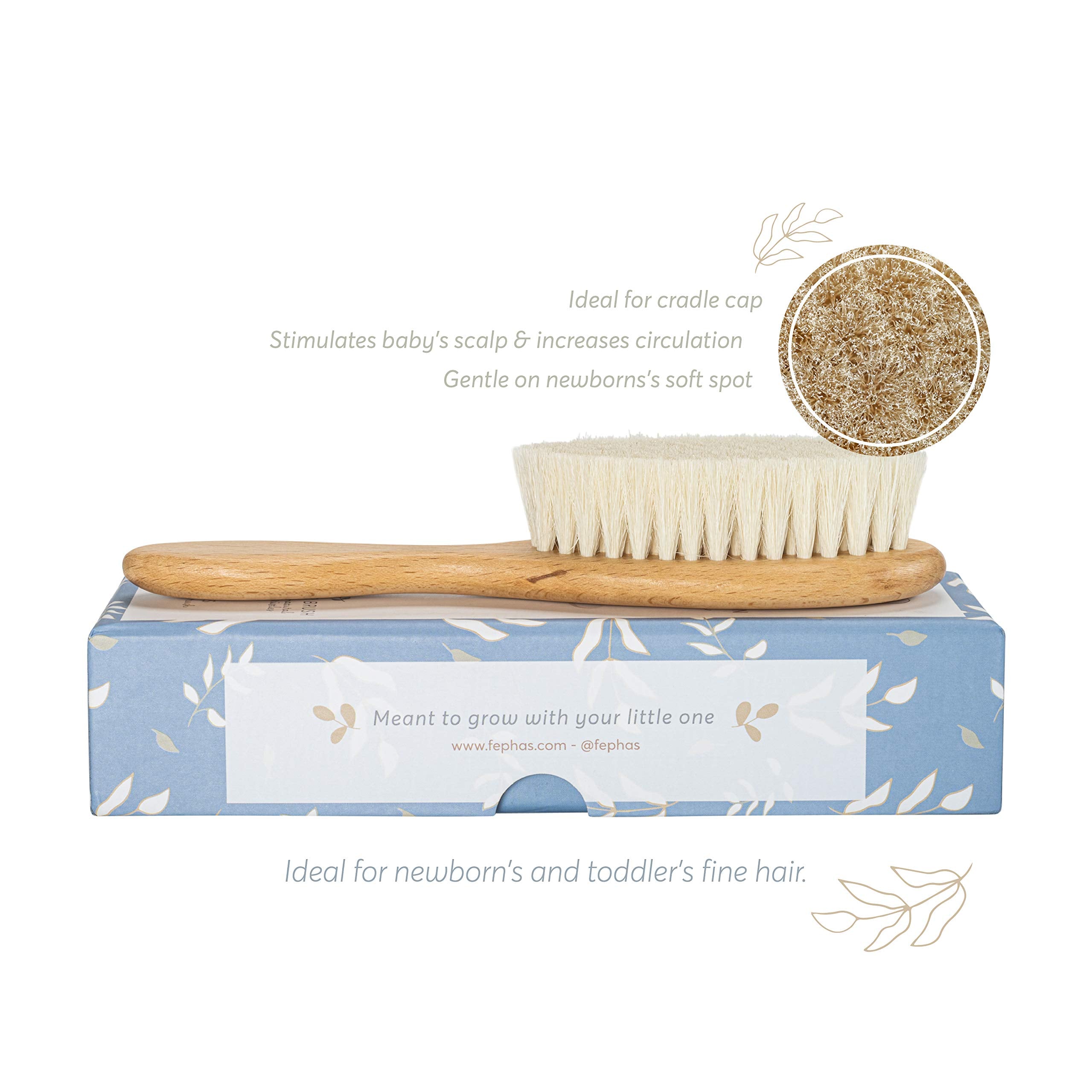 Fephas Wooden Baby Goat Hair Brush| Hairbrush for Newborn and Toddler Girl/Boy Features Soft Goat Hair and a Silicone Brush for Cradle Cap| Ideal for Baby Registry
