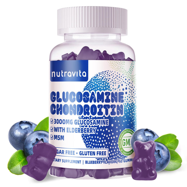 Nutravita Glucosamine Chondroitin Gummies with MSM & Elderberry Extra Strength - Joint Support, Antioxidant Immune Support Supplement for Adults, Men & Women.60 Blueberry Chews