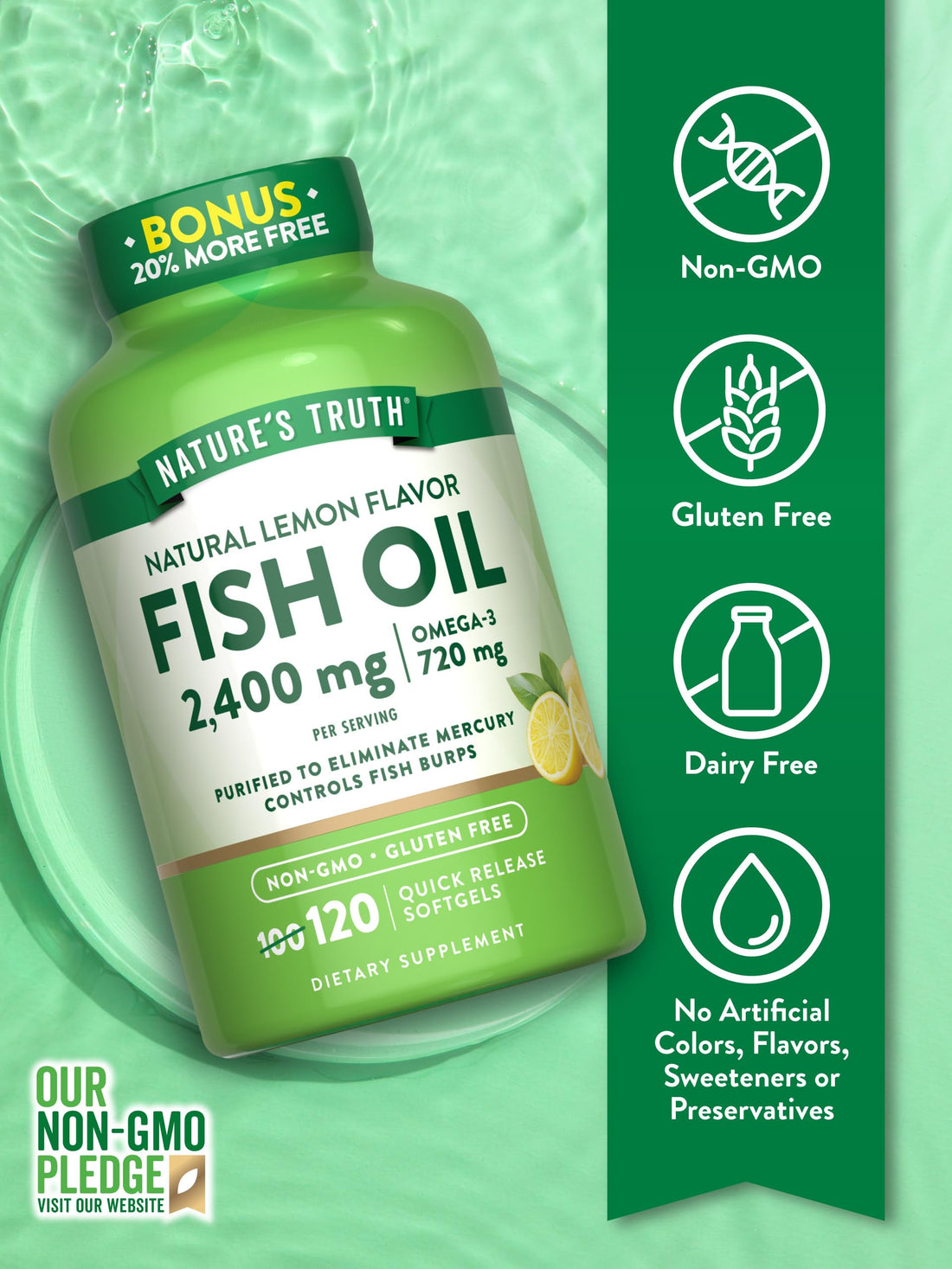 Nature's Truth Fish Oil 2400mg | 120 Quick Release Softgels | 720 mg Omega 3 | Burpless Lemon Flavor Pills | Non-GMO & Gluten Free Supplement