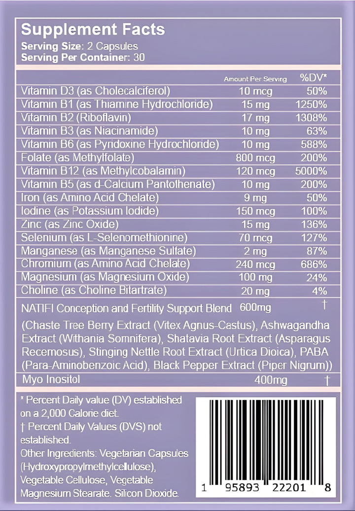 Natifi Conception Fertility Prenatal Vitamins Regulate Cycles, Balance Hormones, Aid Ovulation. Conception Multivitamin for Women. Healthier Pregnancy -60 Capsules- Folic Acid, Myo Inositol, Vitex.
