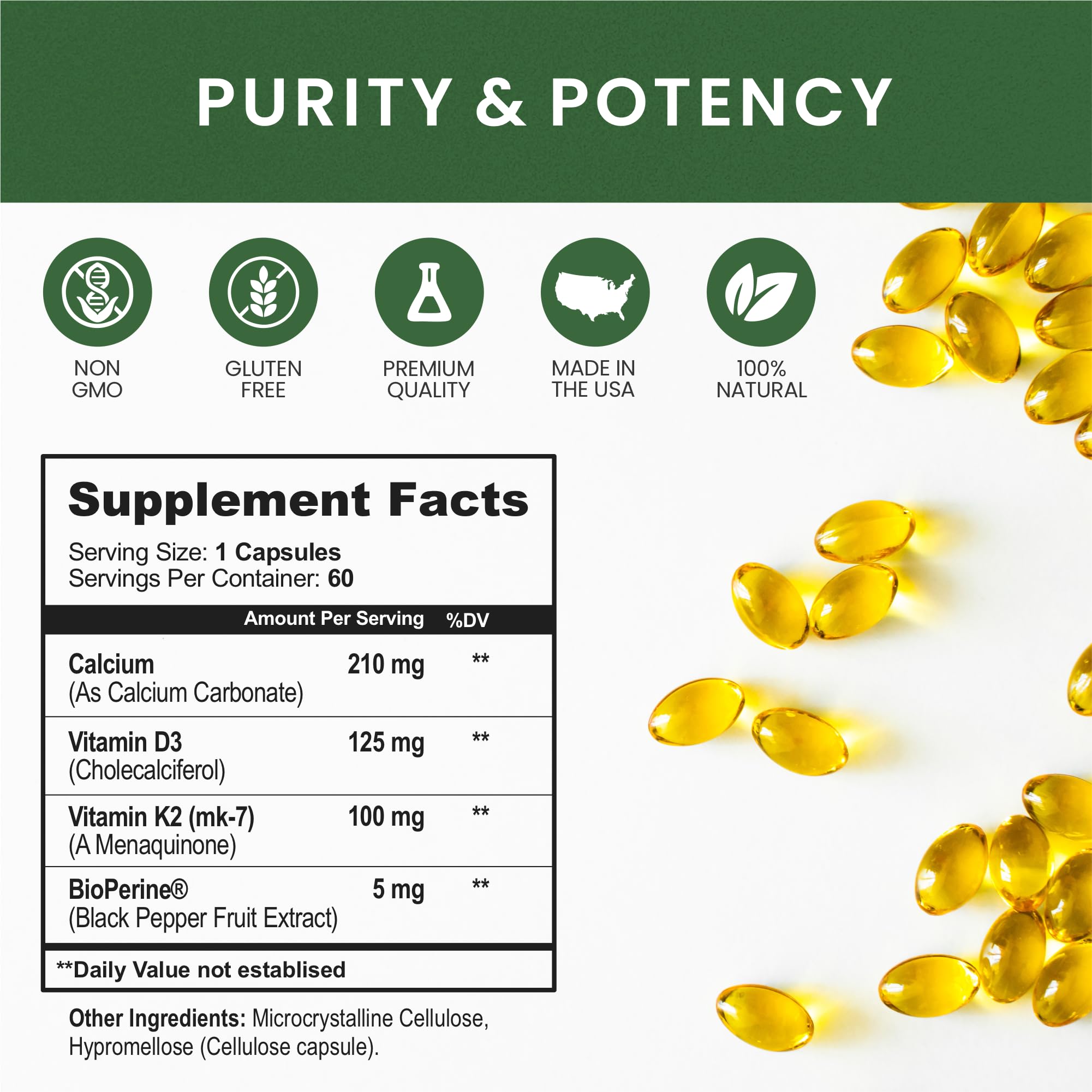 K2 D3 Vitamin Supplement with BioPerine - Vegan Calcium with Vitamins K and D - Advanced D3K2 VIT 5000 IU - 60 Vegan D3 Plus K2 MK-7 Complex Nutritional Capsules for Heart & Bone Health (1
