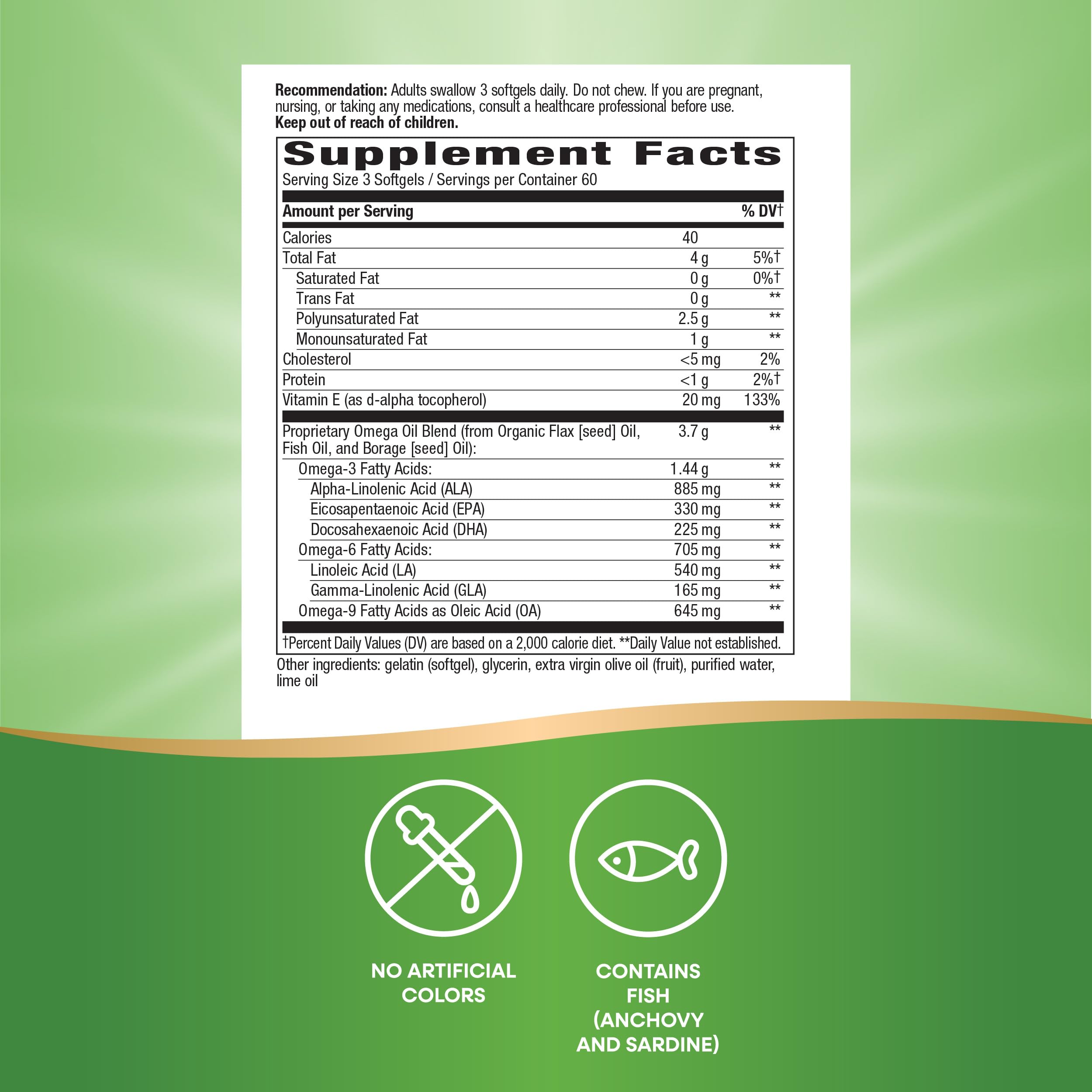 Nature’s Way Mega 3/6/9 Omega Blend, Supports Healthy Skin, Joints, Cardiovascular Function*, Fish, Flax, Borage Oil, 180 Lime Flavored Softgels (Packaging May Vary)