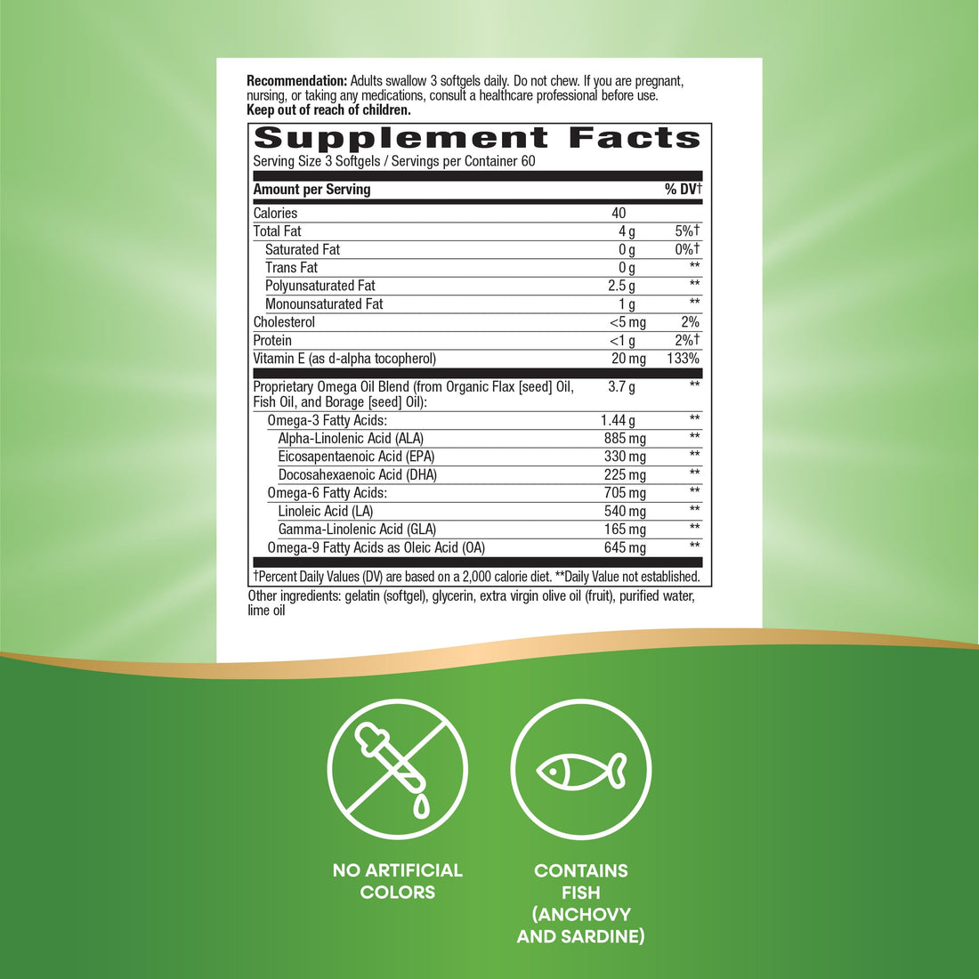 Nature’s Way Mega 3/6/9 Omega Blend, Supports Healthy Skin, Joints, Cardiovascular Function*, Fish, Flax, Borage Oil, 180 Lime Flavored Softgels (Packaging May Vary)