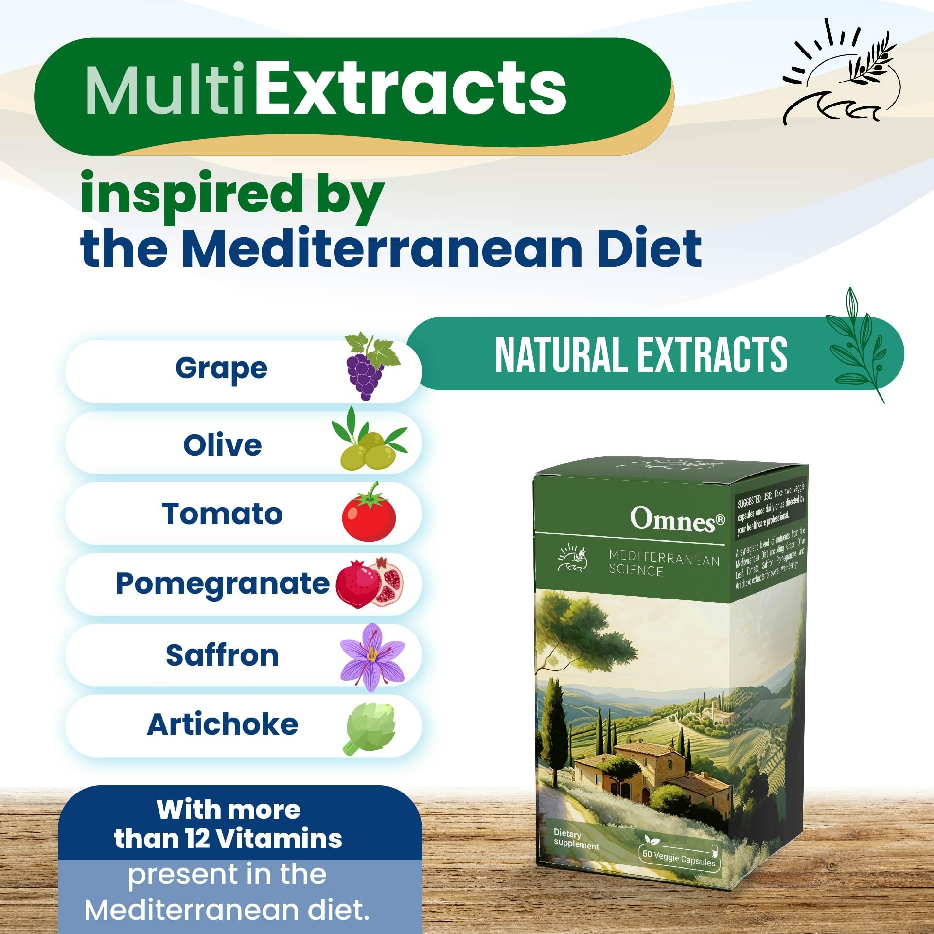 Generic Omnes | Complete Multivitamin | Natural Extracts from Premium Mediterranean Diet Ingredients | +12 Vitamins and Minerals | Nutrition, Antioxidants, Energy | 60 Capsules