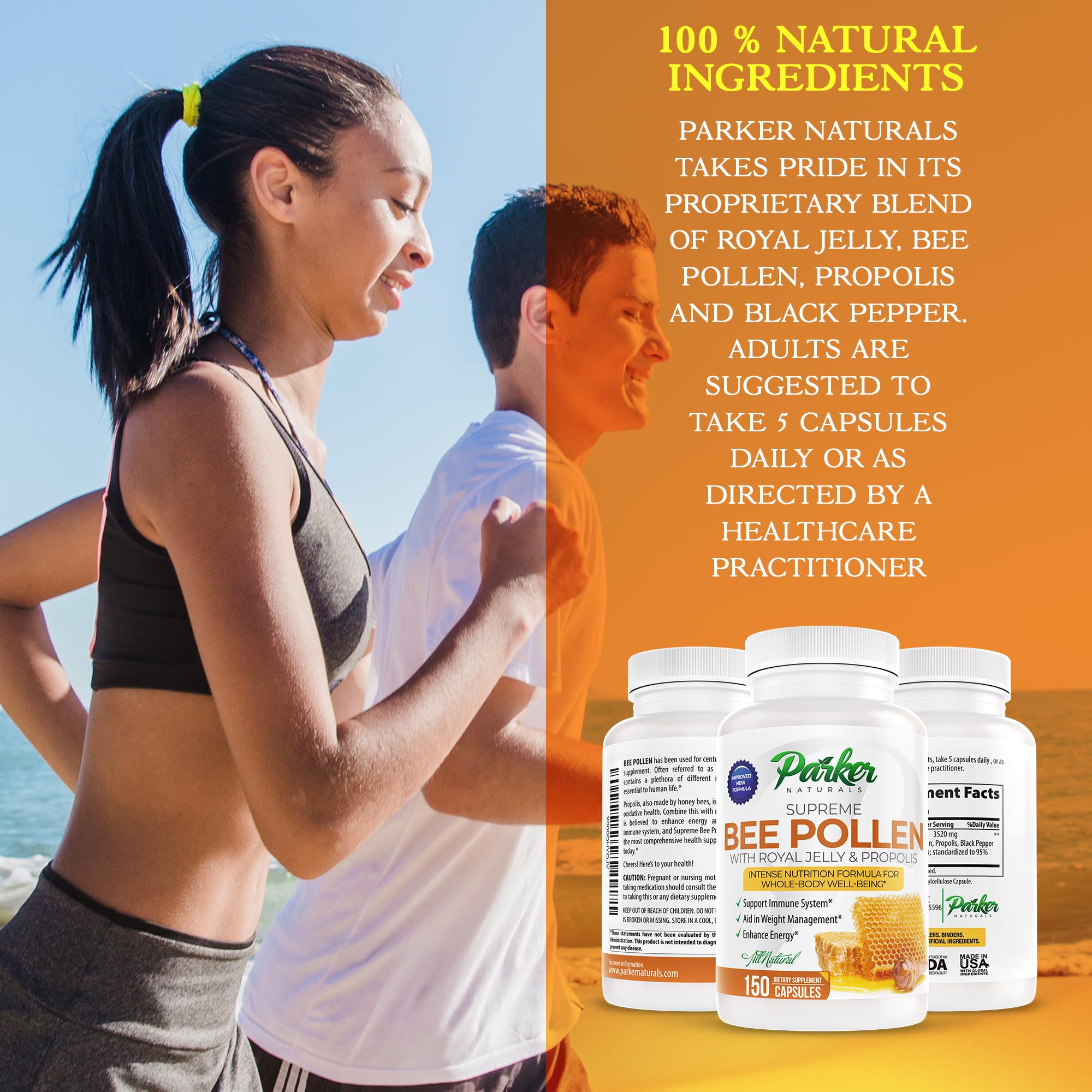 Parker Naturals Supreme Bee Pollen Capsules, 3520 mg Royal Jelly, Bee Pollen and Propolis Capsules, Natural Supplement for Adults, 150 Count