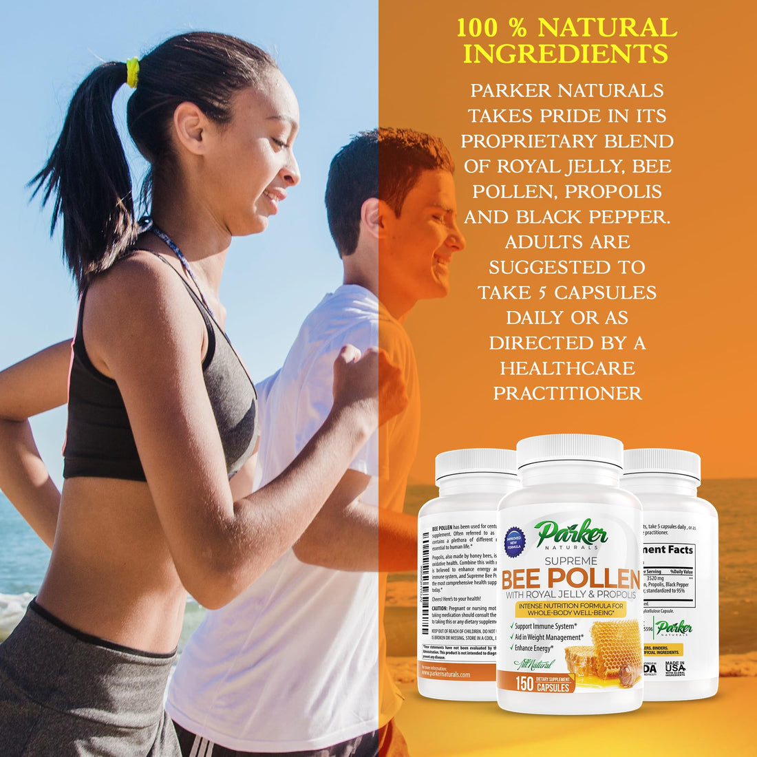 Parker Naturals Supreme Bee Pollen Capsules, 3520 mg Royal Jelly, Bee Pollen and Propolis Capsules, Natural Supplement for Adults, 150 Count