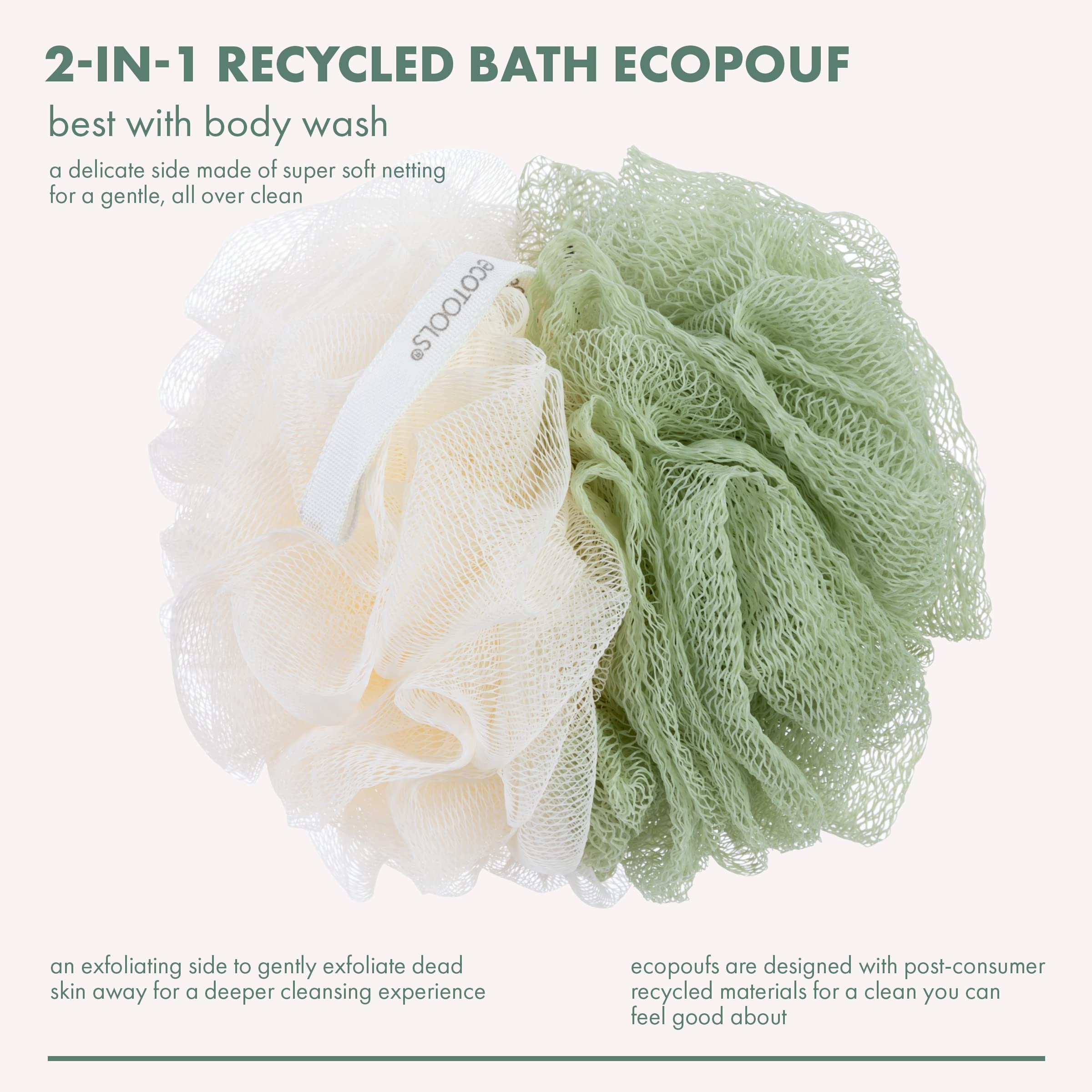 EcoTools Green 2-in-1 EcoPouf, Dual-Sided Shower Loofah Exfoliates & Cleanses Skin, Made of Recycled Netting, Removes Dead Skin, Eco-Friendly Bath Accessory, Cruelty-Free, 6 Count (60g)