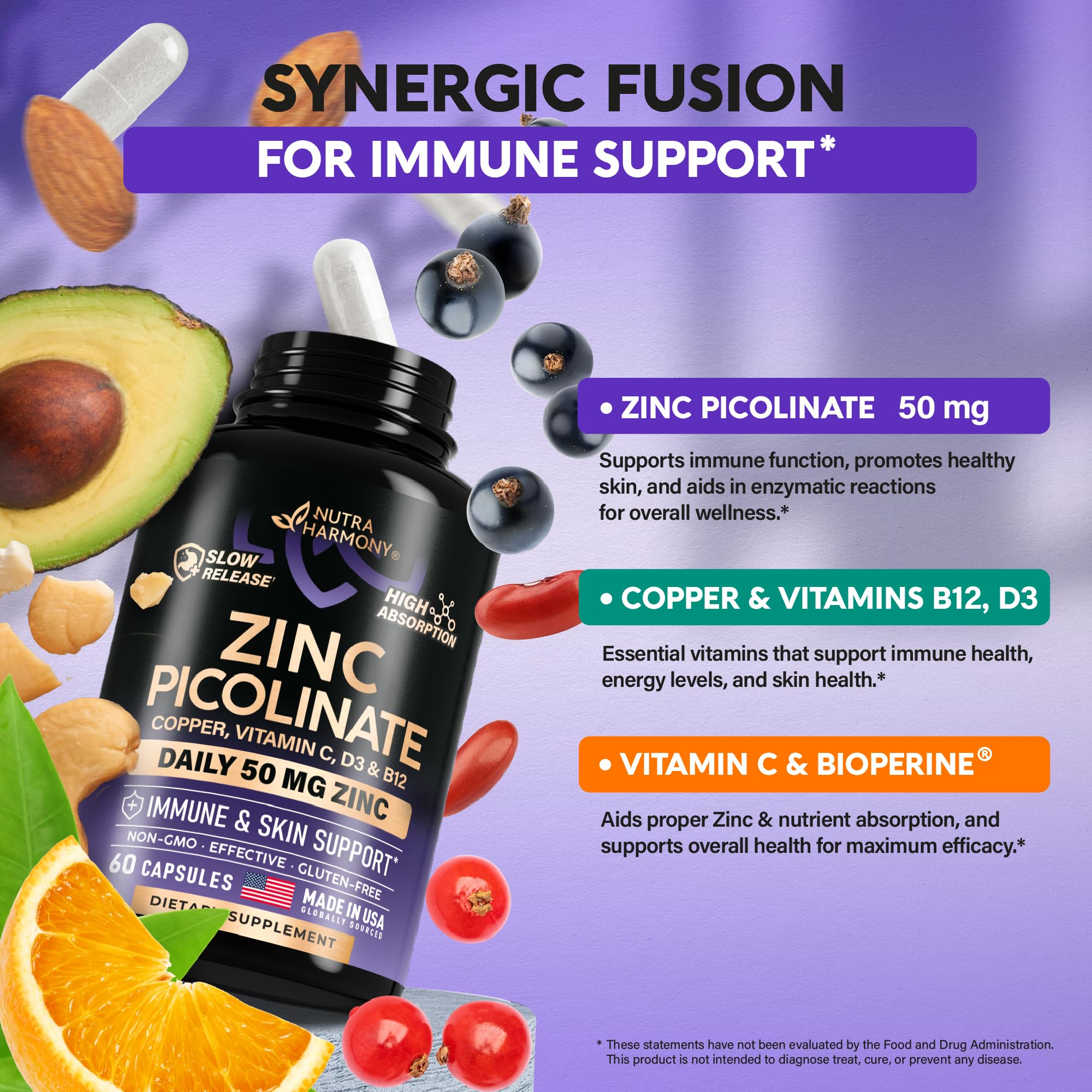 Zinc Picolinate 50mg - Zinc Supplement with Copper, Vitamin D3 & B12 - Stomach Friendly | Slow Release Zinc - Immune Support & Skin Health - High Absorption with BioPerine & Vitamin C - 60 Capsules