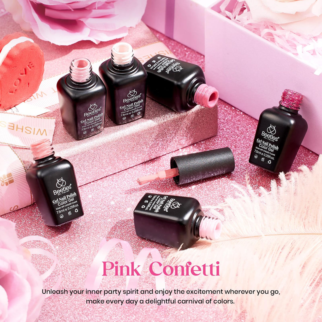 Beetles Purple Gel Nail Polish Set, 6 Colors Nude Deep Purple Pink Glitter Gel Polish Confetti Collection Soak Off Uv Led Nail Art Manicure Kit Gifts for Women