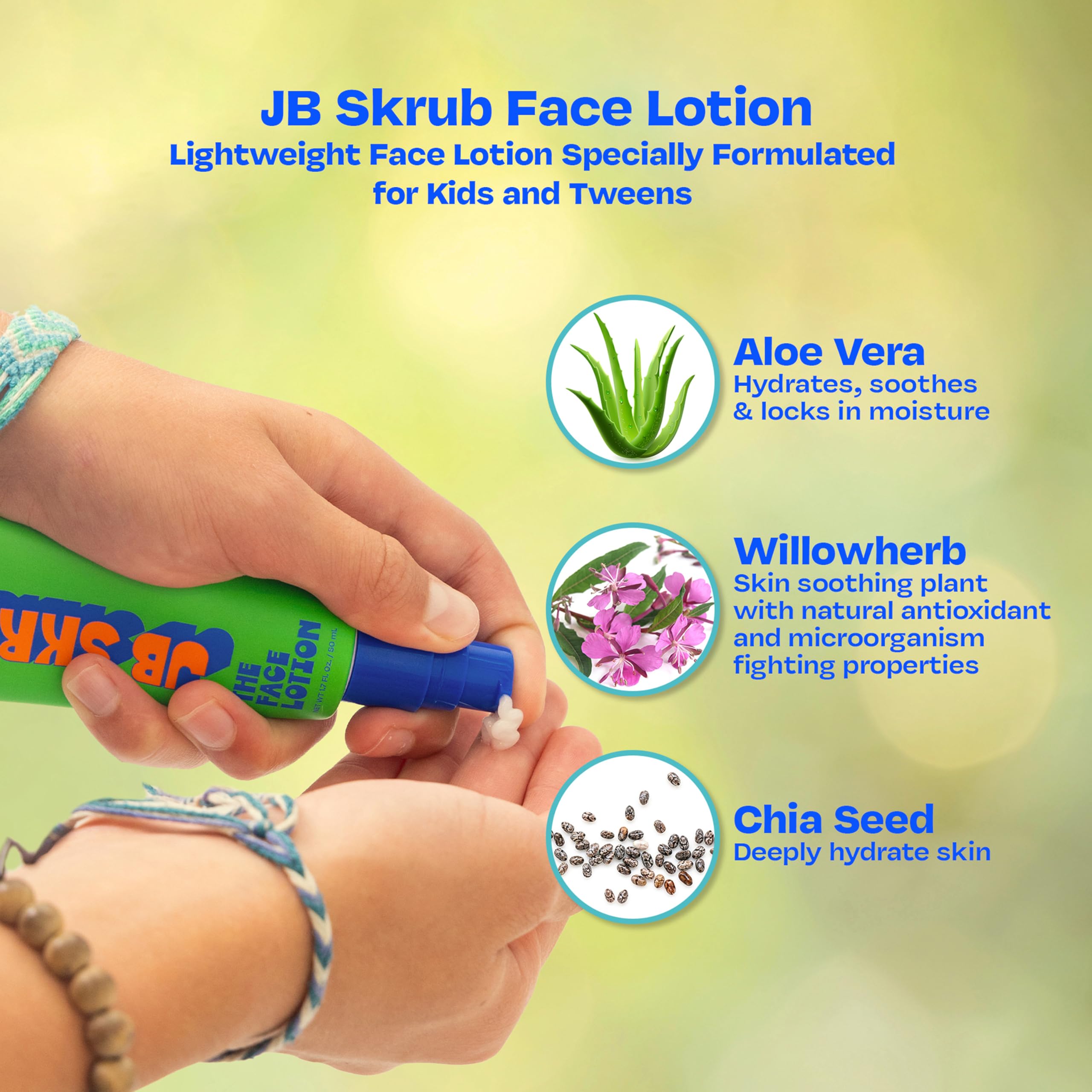JB SKRUB The Face Lotion - Hydrating Skin Care for Kids and Teens, Acne Face Moisturizer, Fast-Absorbing & Oil-Control, Blue Light Protection, Vegan & Cruelty-Free, 1.7 oz