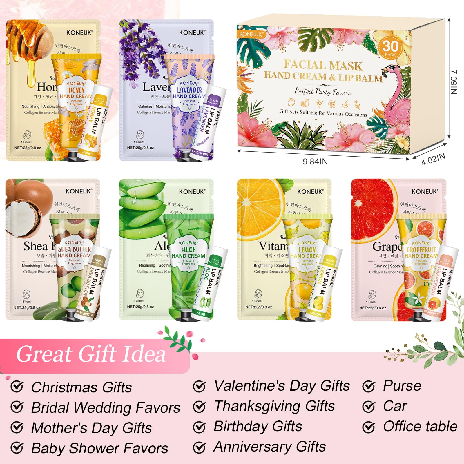 30 Pack Bulk Facial Mask, Bulk Hand Cream and Bulk Lip Balm Sets, Mothers Day Gifts, Nurse Gifts, Bridal Shower Favors and Baby Shower Party Favors for Guests, Teacher Appreciation Gifts for Women