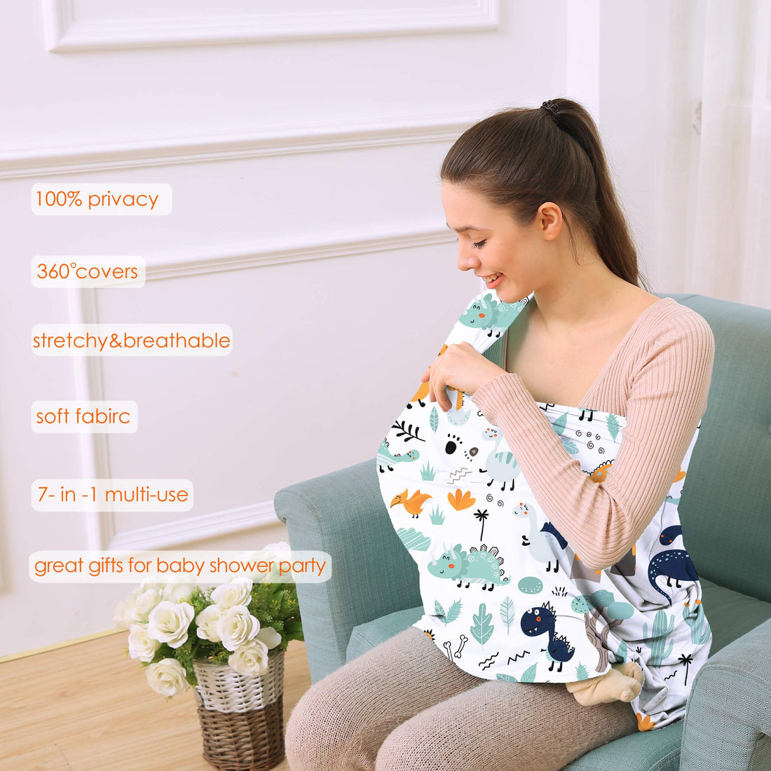 Multi-use Carseat Canopy Cover - Breathable Breastfeeding Covers, Car Seat Covers for Babies, Stroller Canopy Cover (Cute Dinosaur)