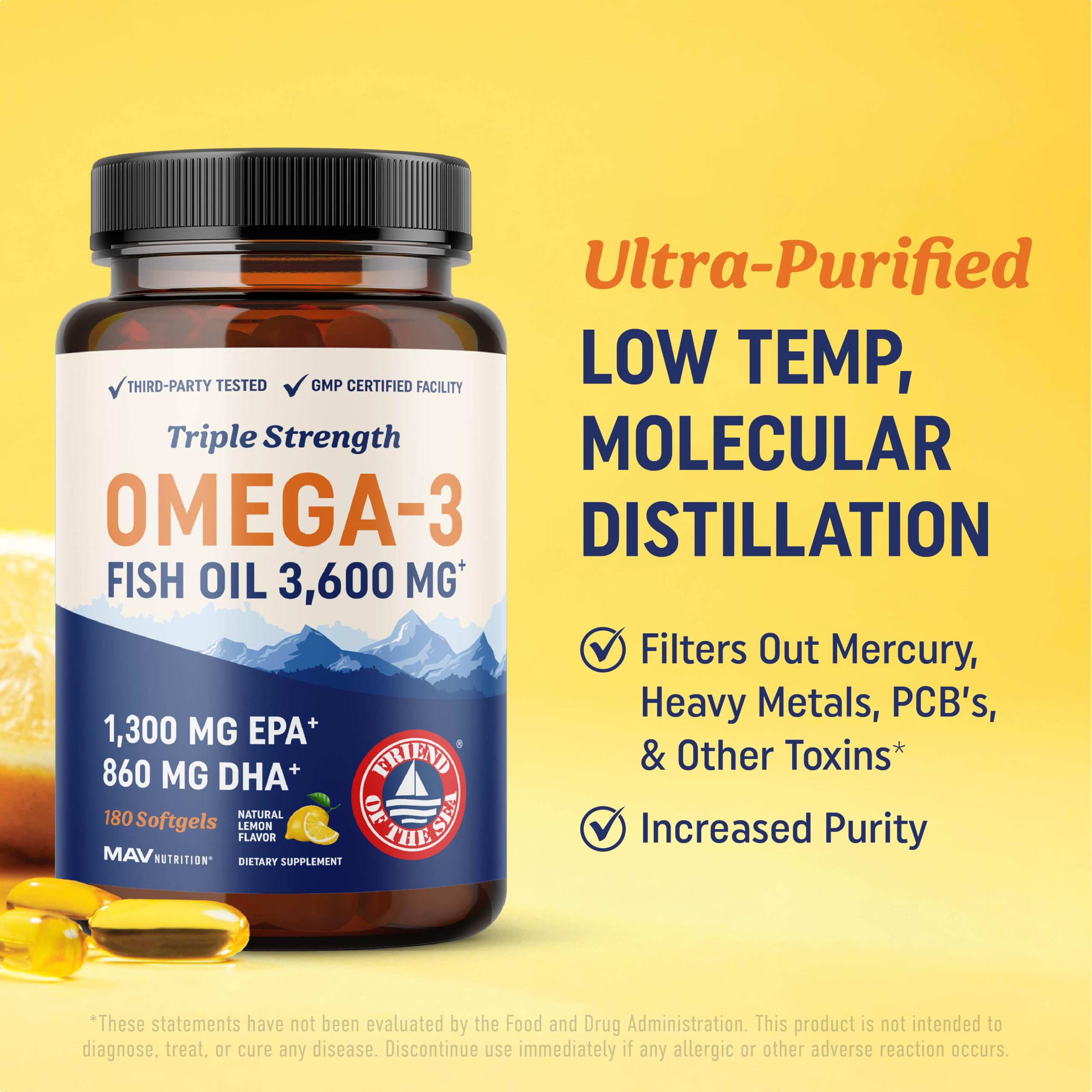 Triple Strength Omega 3 Fish Oil 3600 mg | EPA & DHA | Over 2100mg Omega-3 Fatty Acids | 1300mg EPA + 860mg DHA | Best Essential Fatty Acids | Premium Burpless Fish Oil Omega 3 Supplements (120 Ct)