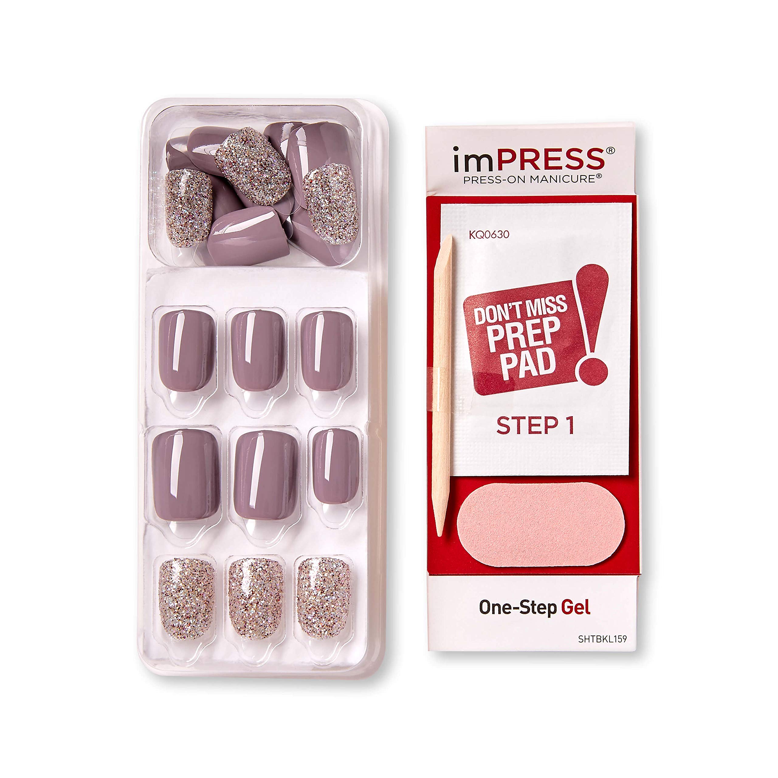 KISS imPRESS Press-On Manicure, Nail Kit, PureFit Technology, Short Press-On Nails, Square, Flawless, Includes Prep Pad, Mini File, Cuticle Stick, and 30 Fake Nails