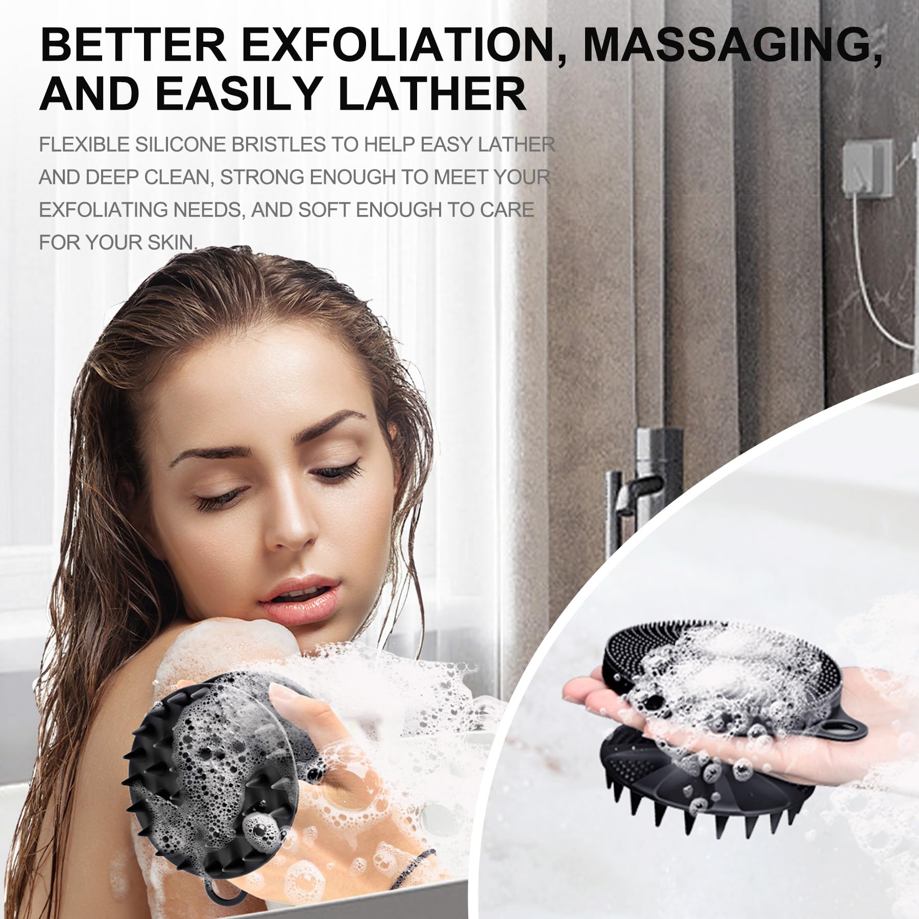 INNERNEED 2-in-1 Silicone Body Scrubber and Scalp Massager Shampoo Brush, Food-Grade Soft Material, More Hygienic, Easily Lather, Convenient for Travel, Gym, Business,etc (Black)